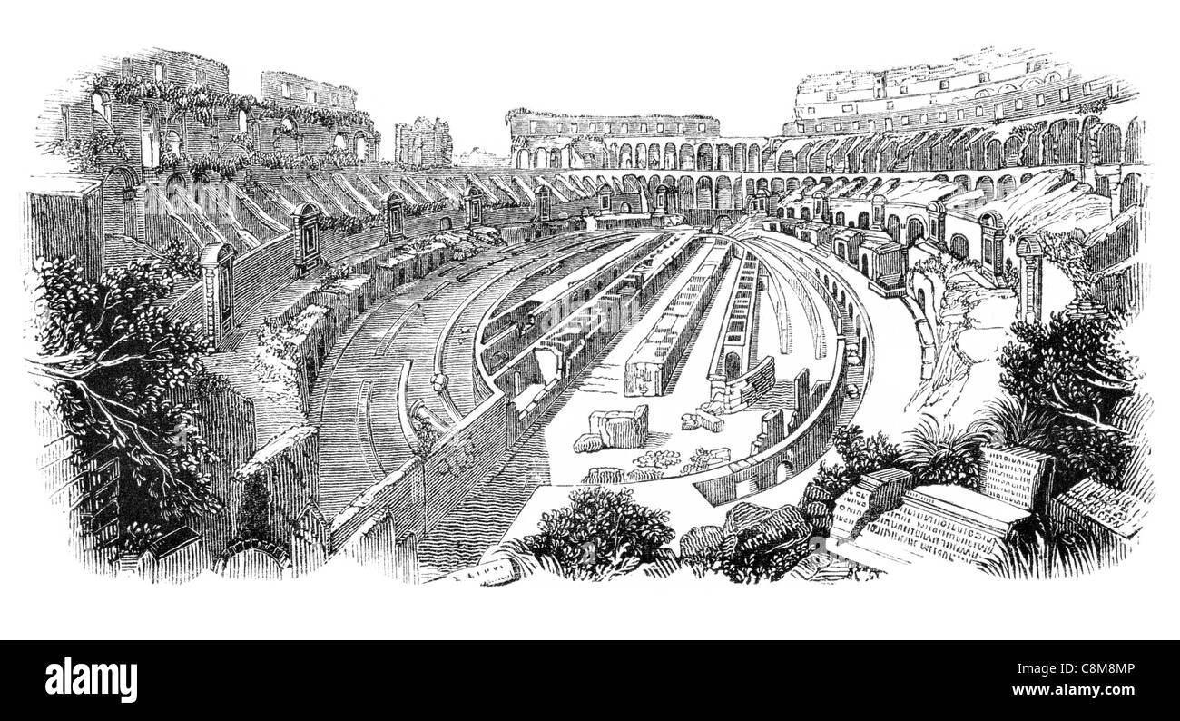 Interior Colosseum Coliseum Flavian Amphitheatre city Rome Italy Roman Empire gladiatorial gladiator game games blood sport Stock Photo
