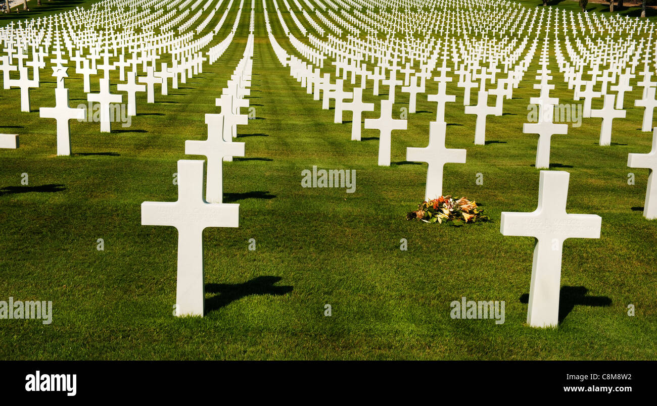 American Cemetery, Florence, Tuscany, Italy with rows of white crosses