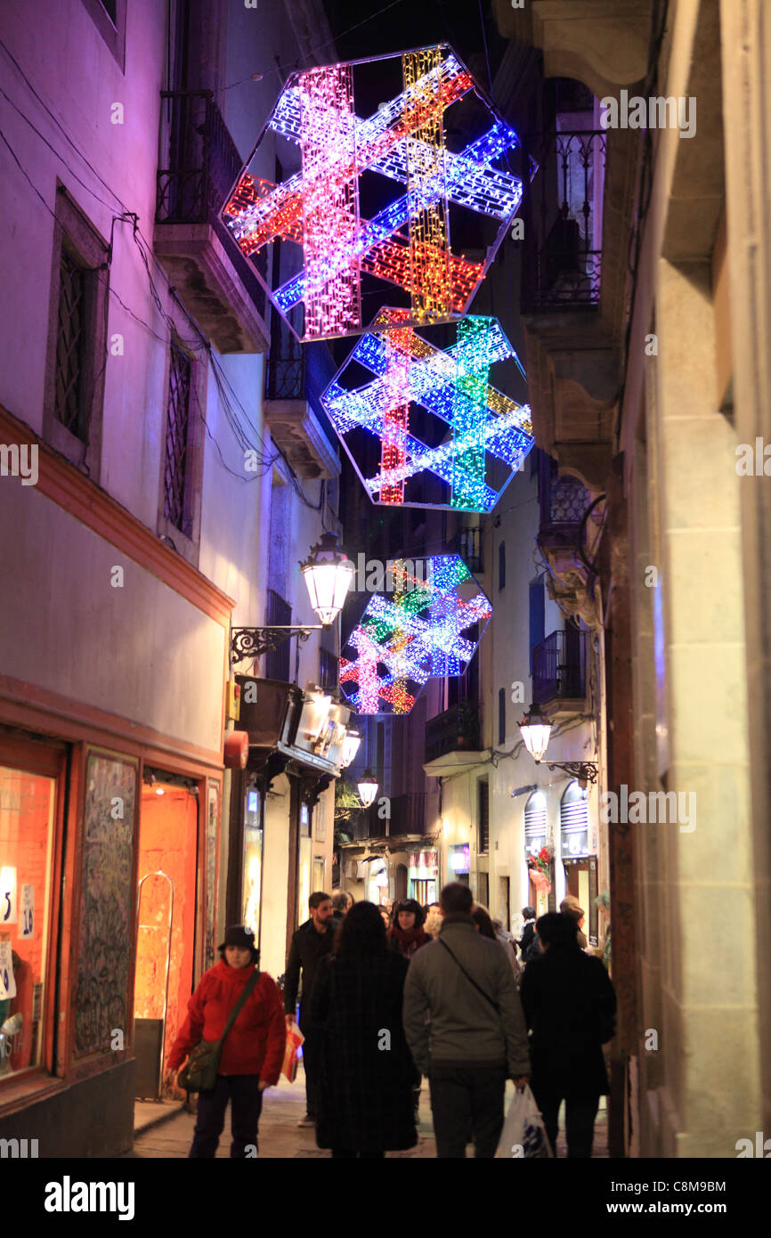 Festive Christmas lights in the Gothic Quarter in Barcelona, in