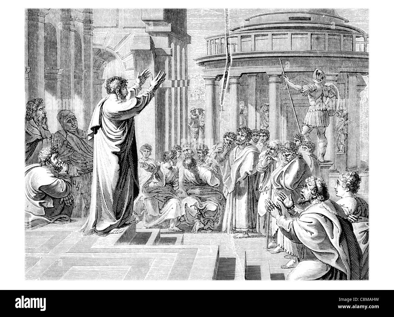 St Paul Preaching in Athens Leo Janus Lascaris Greek scholar Rome kneeling couple Giulio Romano Raphael Cartoons Victoria Albert Stock Photo