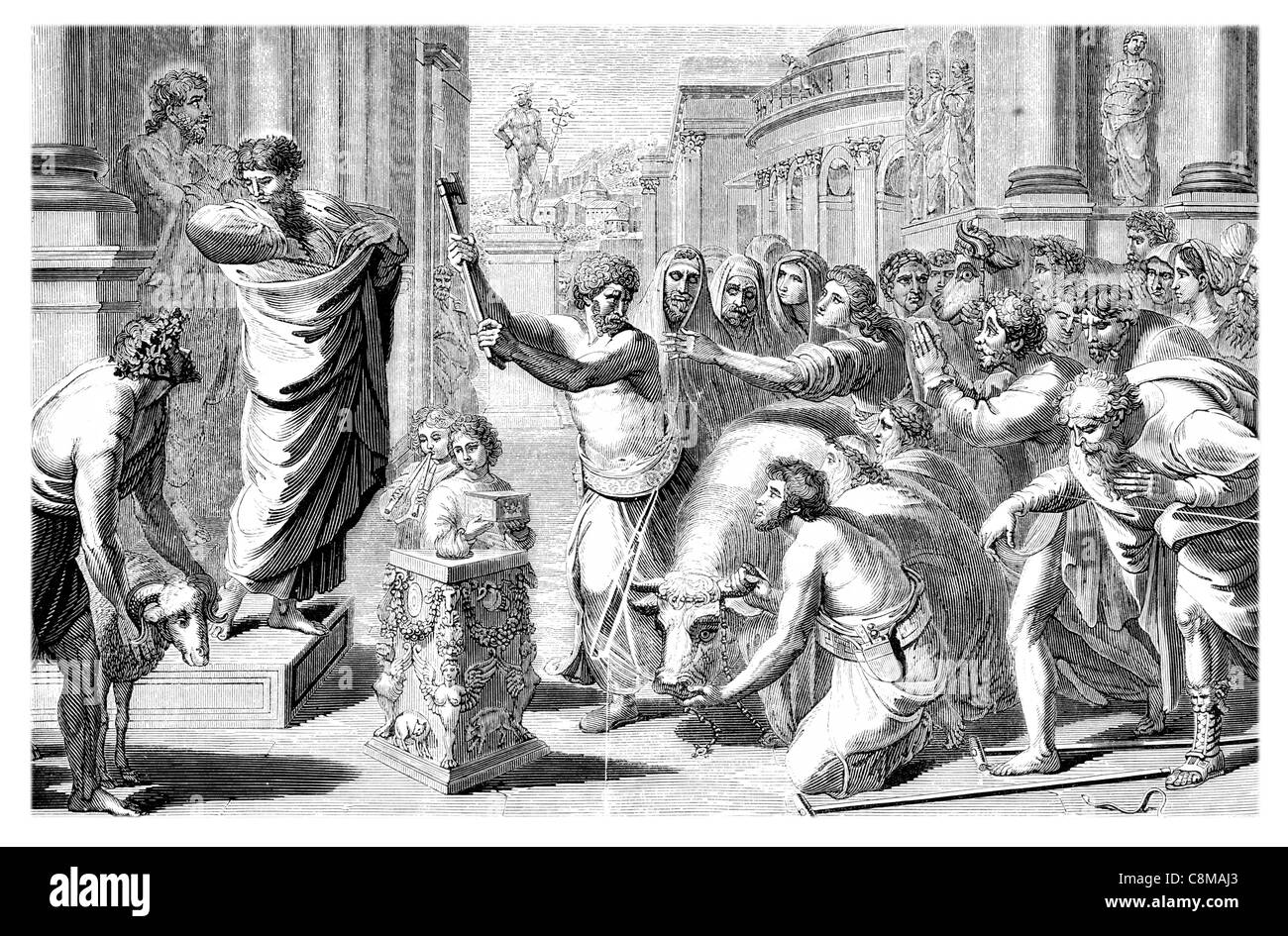 The Sacrifice at Lystra Paul cures cure cured cripple Barnabas gods god sacrifice crowd sacrificial ax Raphael Cartoons Stock Photo