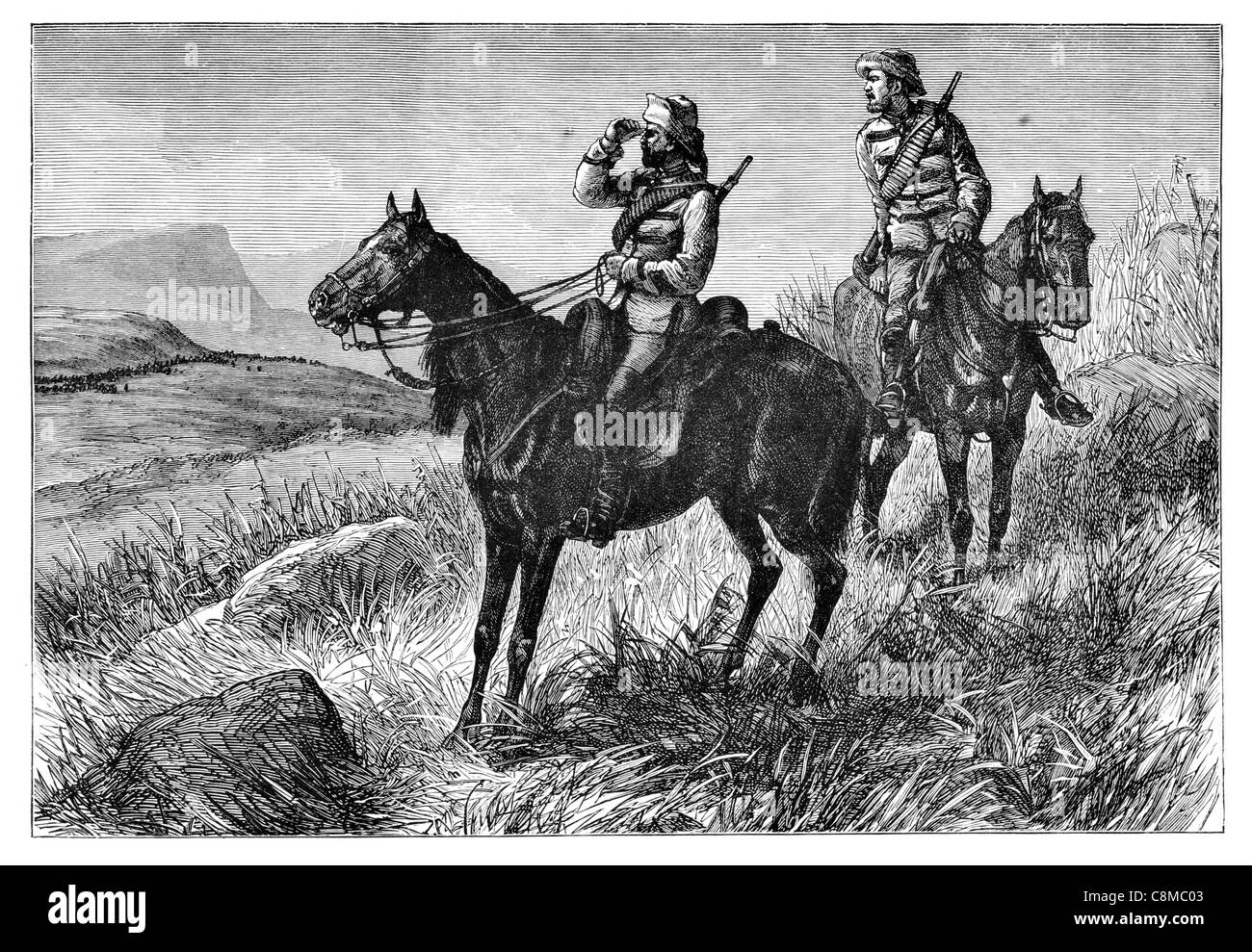 Frontier light horse on Vedette duty discovering Zulus near woods camp on Kambula Hill Binoculars Stock Photo