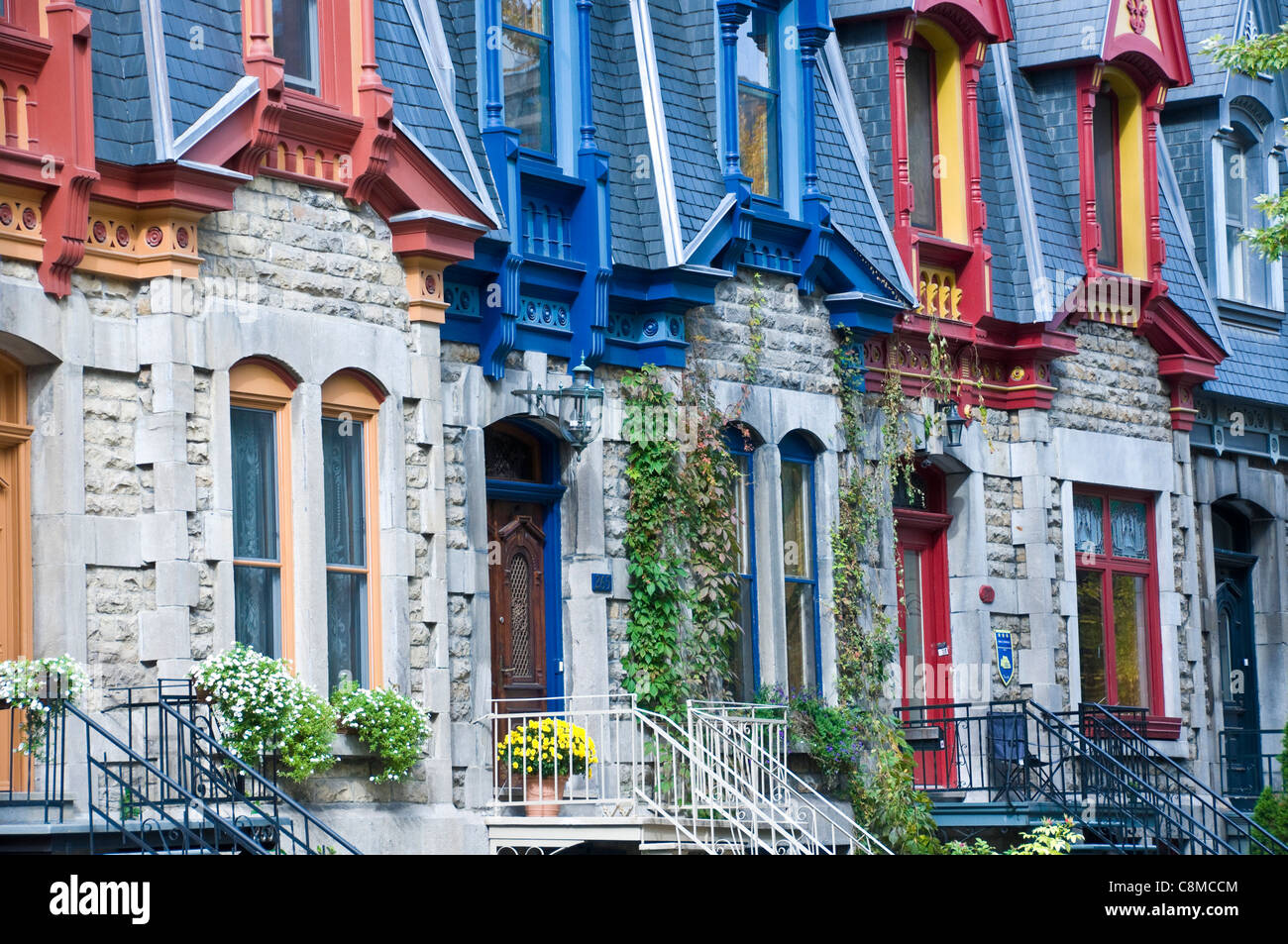 Victorian row of Houses Carré Saint louis Plateau Mont Royal Montreal Stock Photo