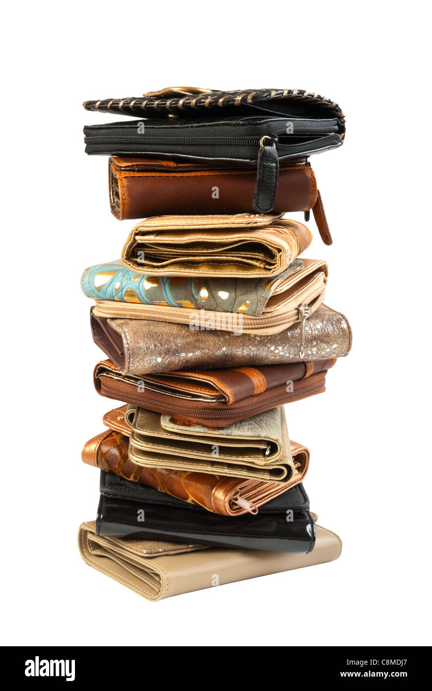 10 leather purses in stack. Isolated on white background Stock Photo Alamy