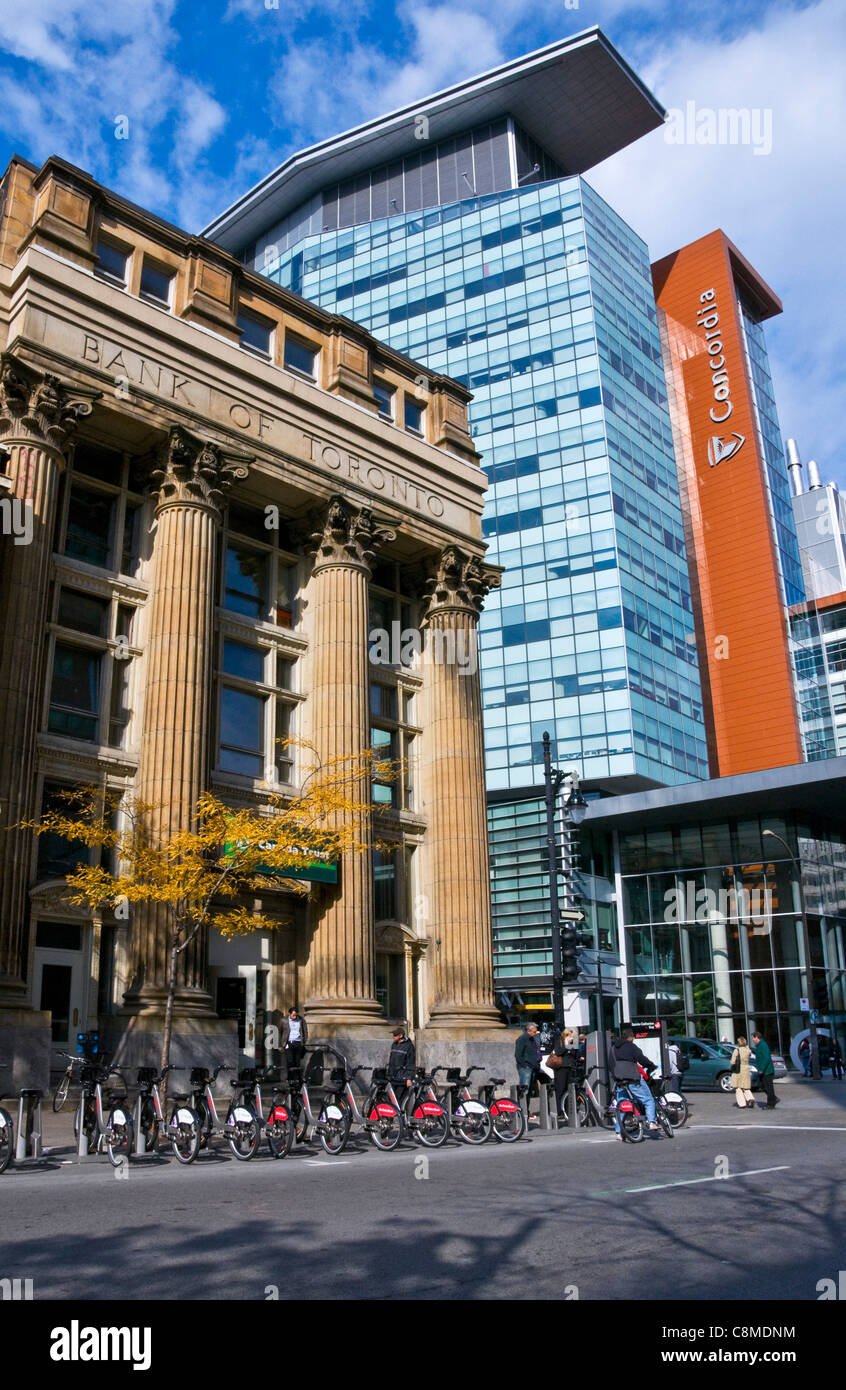 Sainte Catherine street downtown Montreal : Concordia university building and Banque of Montreal building Stock Photo