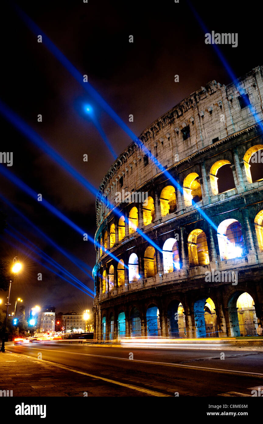 The Colosseum illuminated with blue laser lights, makes a spectacular show,  Rome, Italy Stock Photo - Alamy