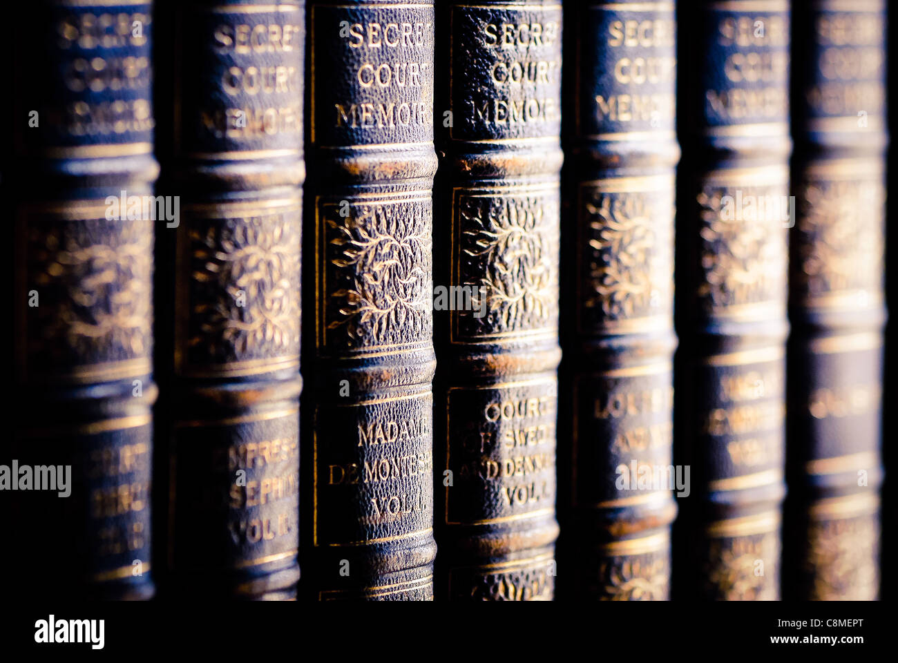 I line of old well read books Stock Photo