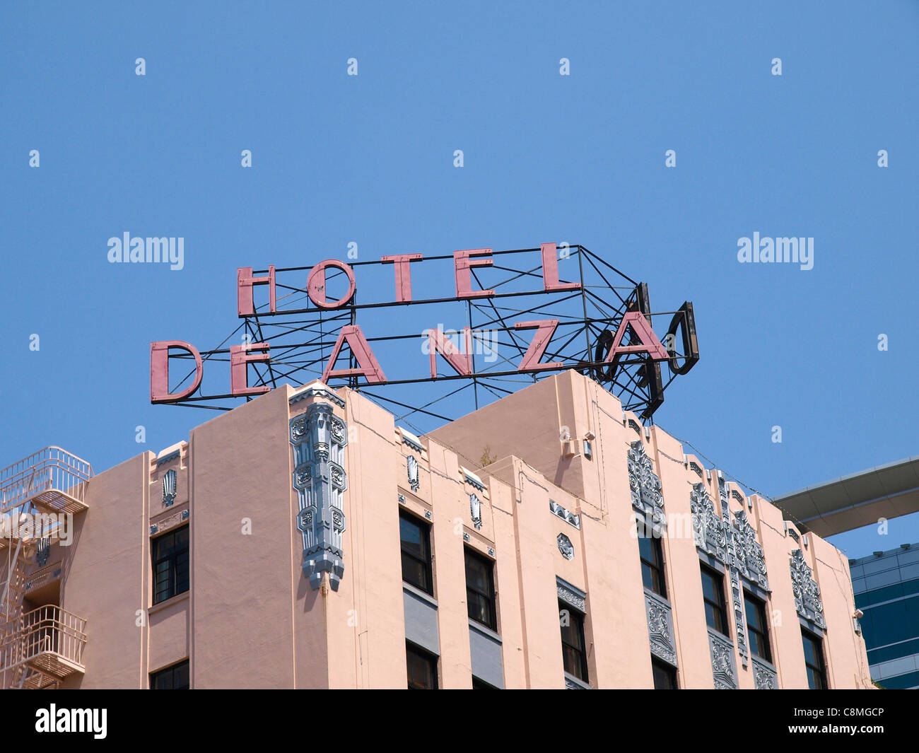The Hotel De Anza historic hotel in San Jose, California, incorporating Art Deco, Mission and Spanish Revival architectural styles. Stock Photo