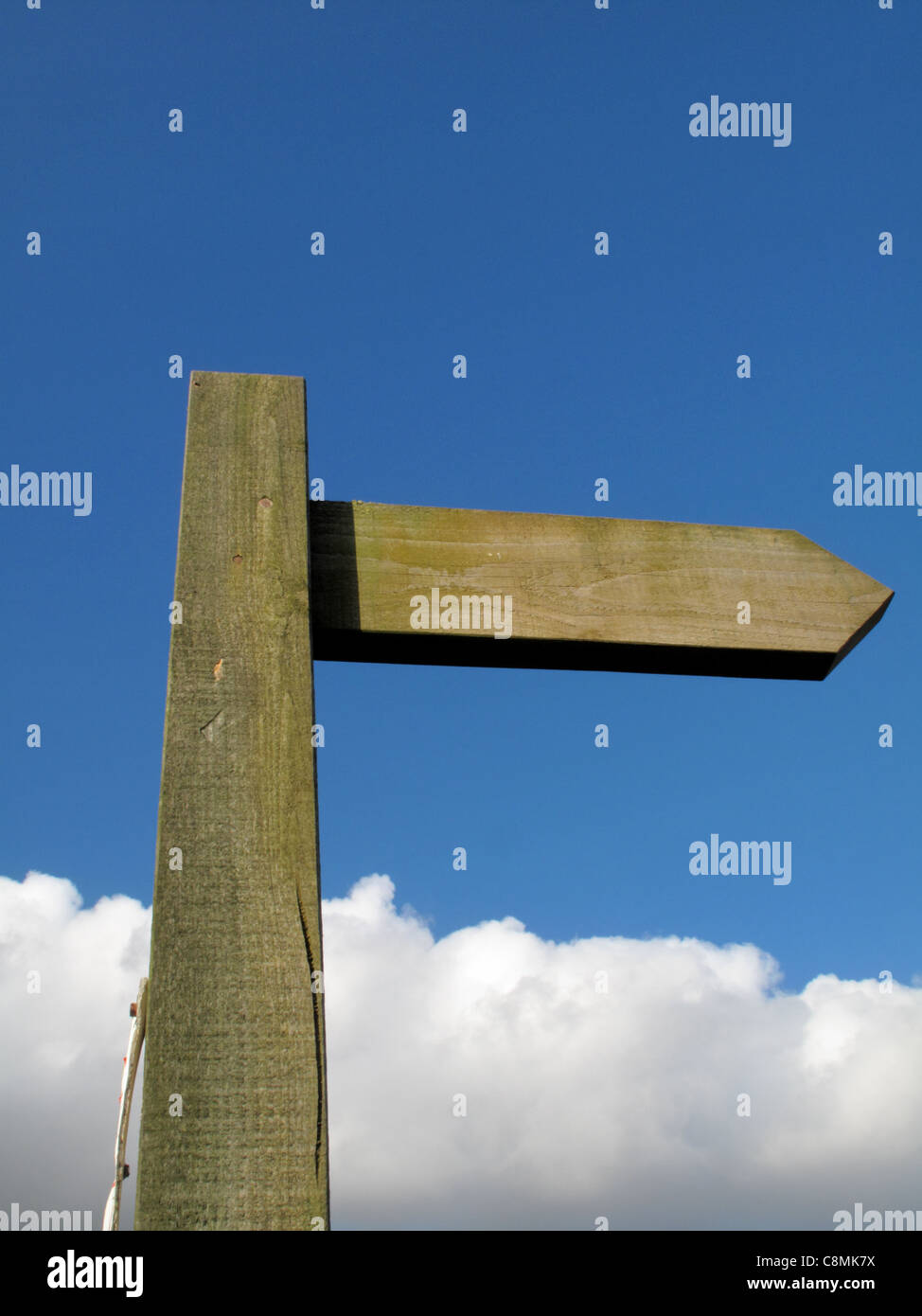 An blank wooden signpost against a blue sky with a bank of clouds. Stock Photo