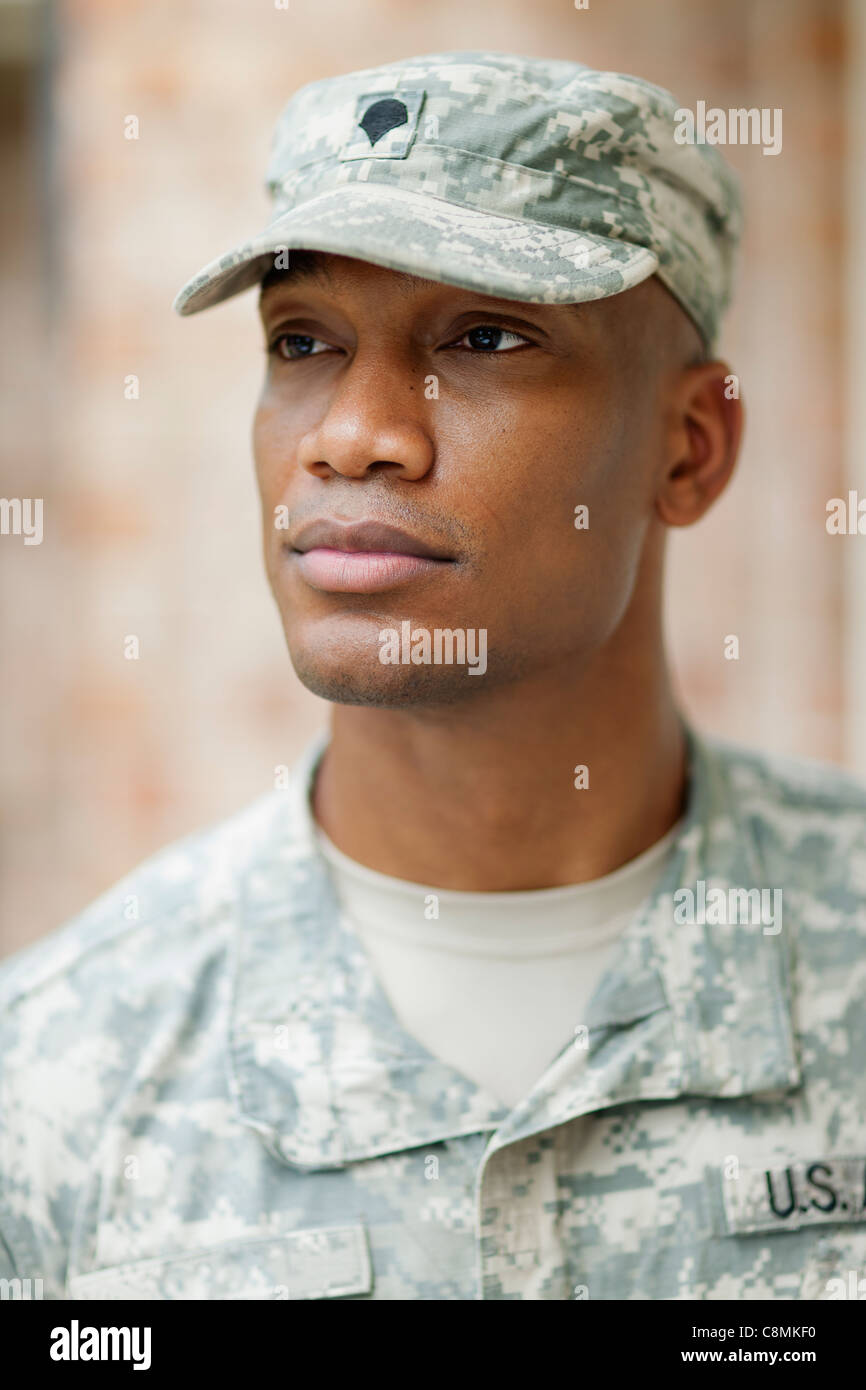 Serious Black soldier in uniform Stock Photo