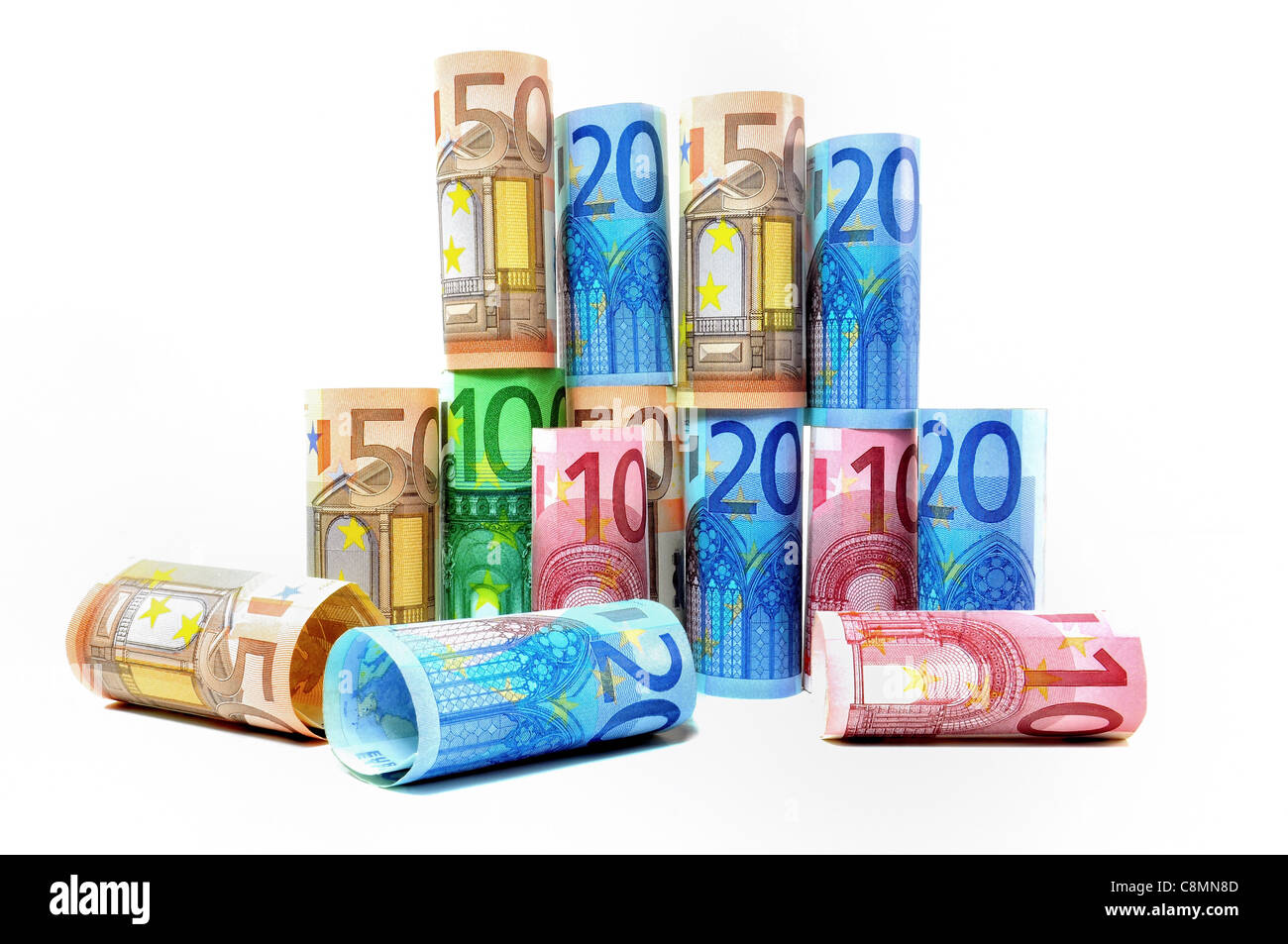 Rolled up Euro banknotes from 10 to 100 Euro on white background Stock Photo
