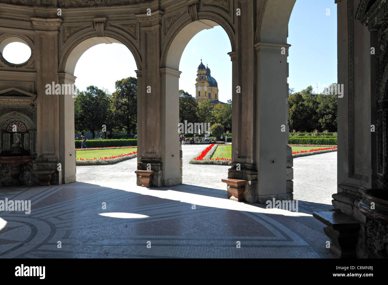 View from inside the Diana Temple to Theatiner Kirche, Hofgarten, Munich Upper Bavaria Germany Stock Photo