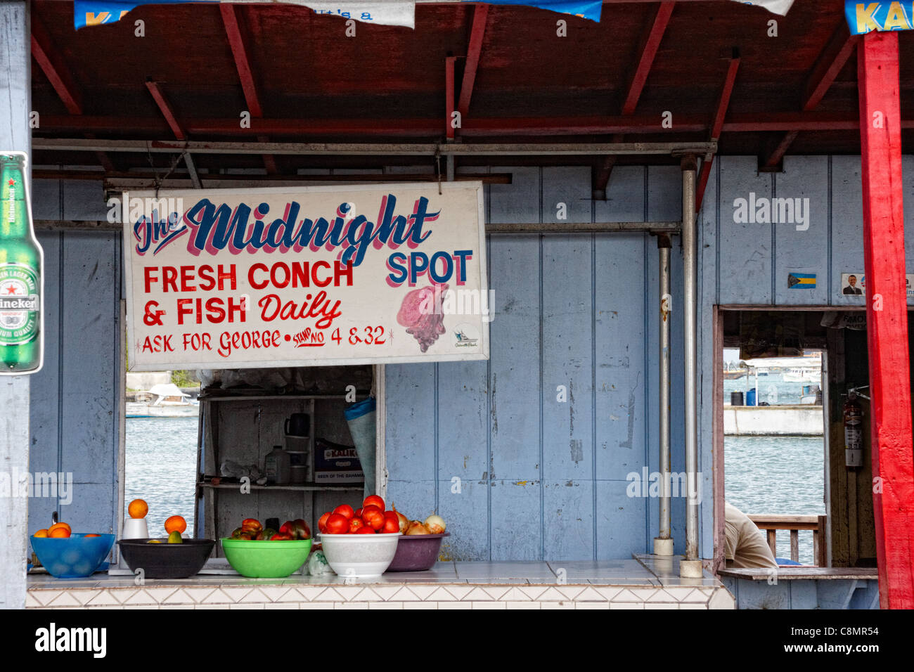 'The Midnight Spot' Conch shack, Potters Cay, Nassau, New Providence Island, Bahamas, Caribbean Stock Photo