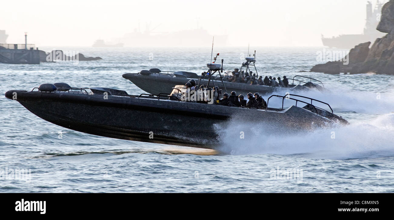 Water police, Victoria harbor, Hong Kong, China. Stock Photo