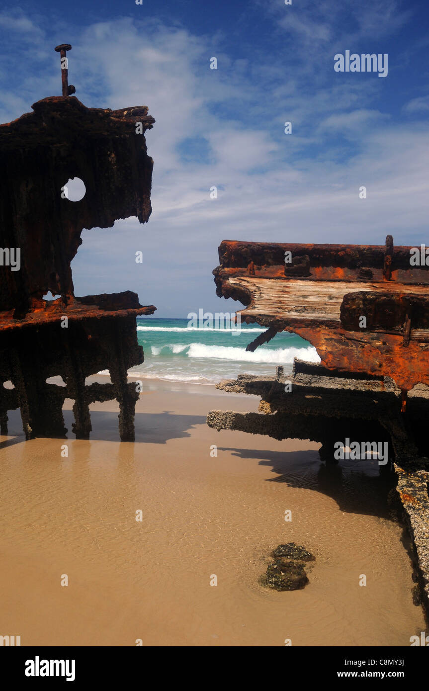 Rusting wreck of the Maheno on East Beach of the Fraser Island World Heritage Area, Queensland, Australia Stock Photo