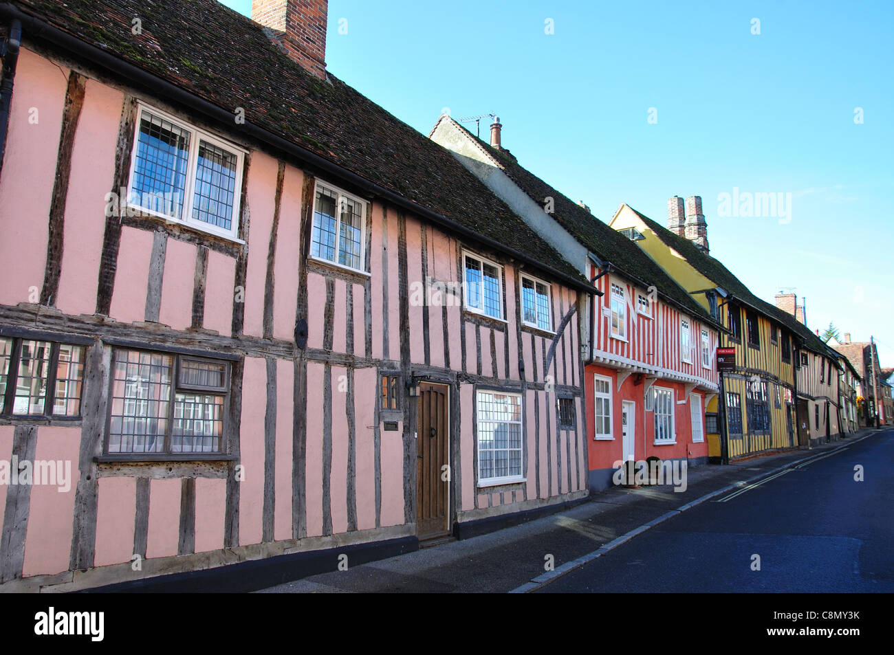 Half-timbered medieval cottages, Water Street, Lavenham, Suffolk, England, United Kingdom Stock Photo