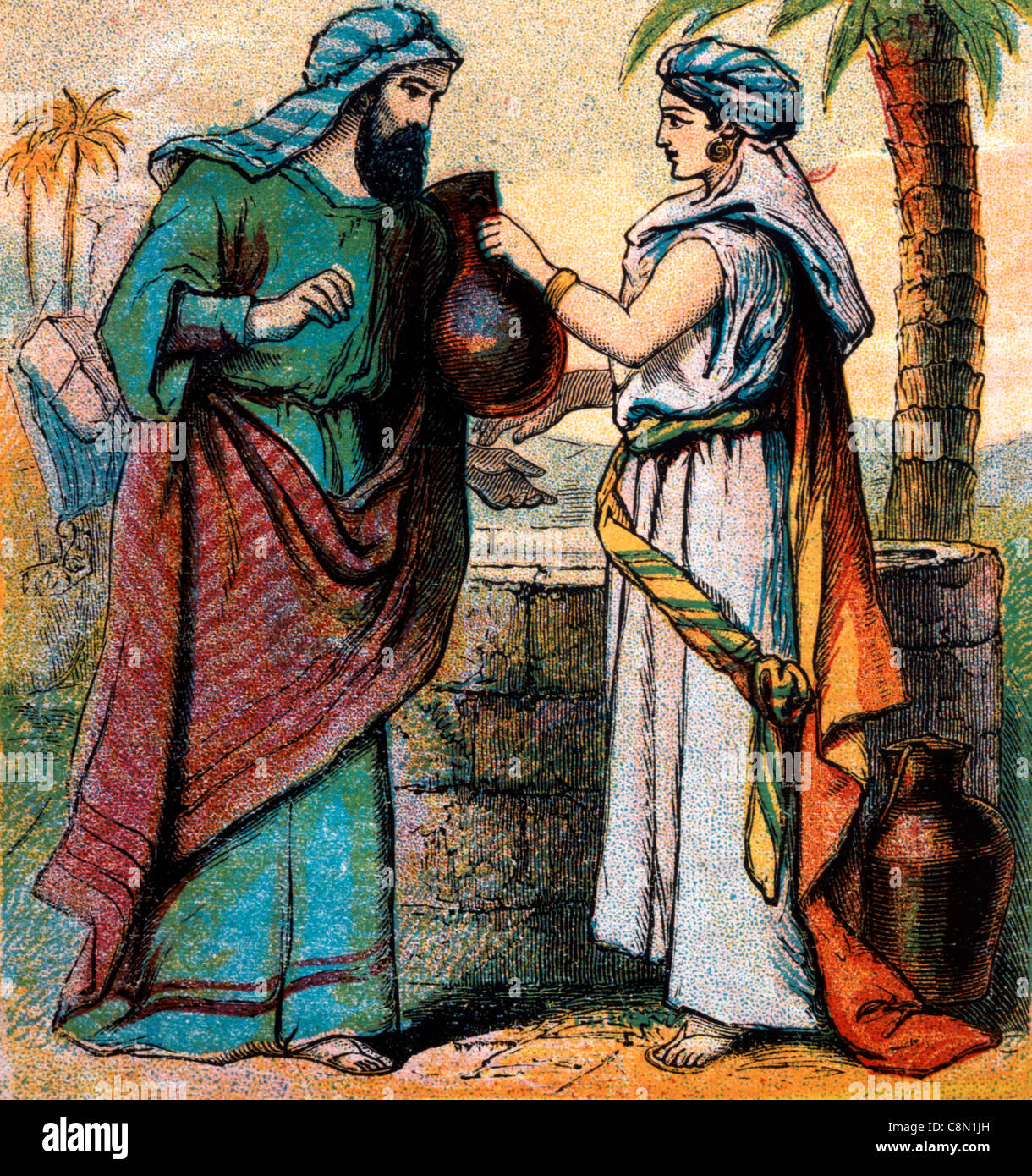 Bible Stories- Illustration Of Rebekah offering water to Abraham's servant Eliezer By The Well In The Story of Isaac Genesis xxiv 1-28 Stock Photo