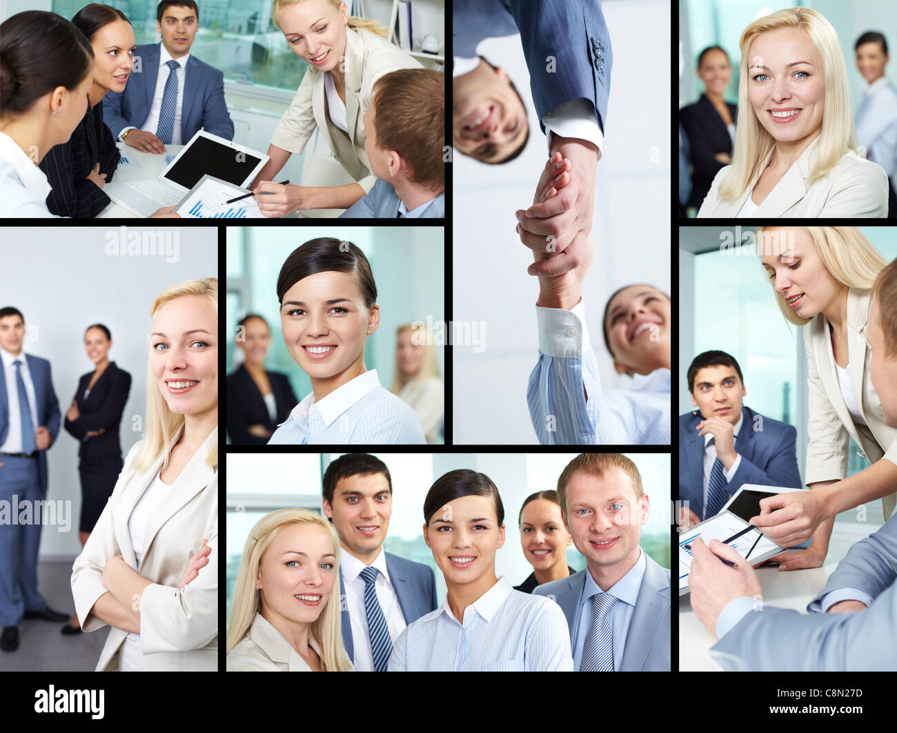 Collage of young business people looking at camera, working at meeting ...