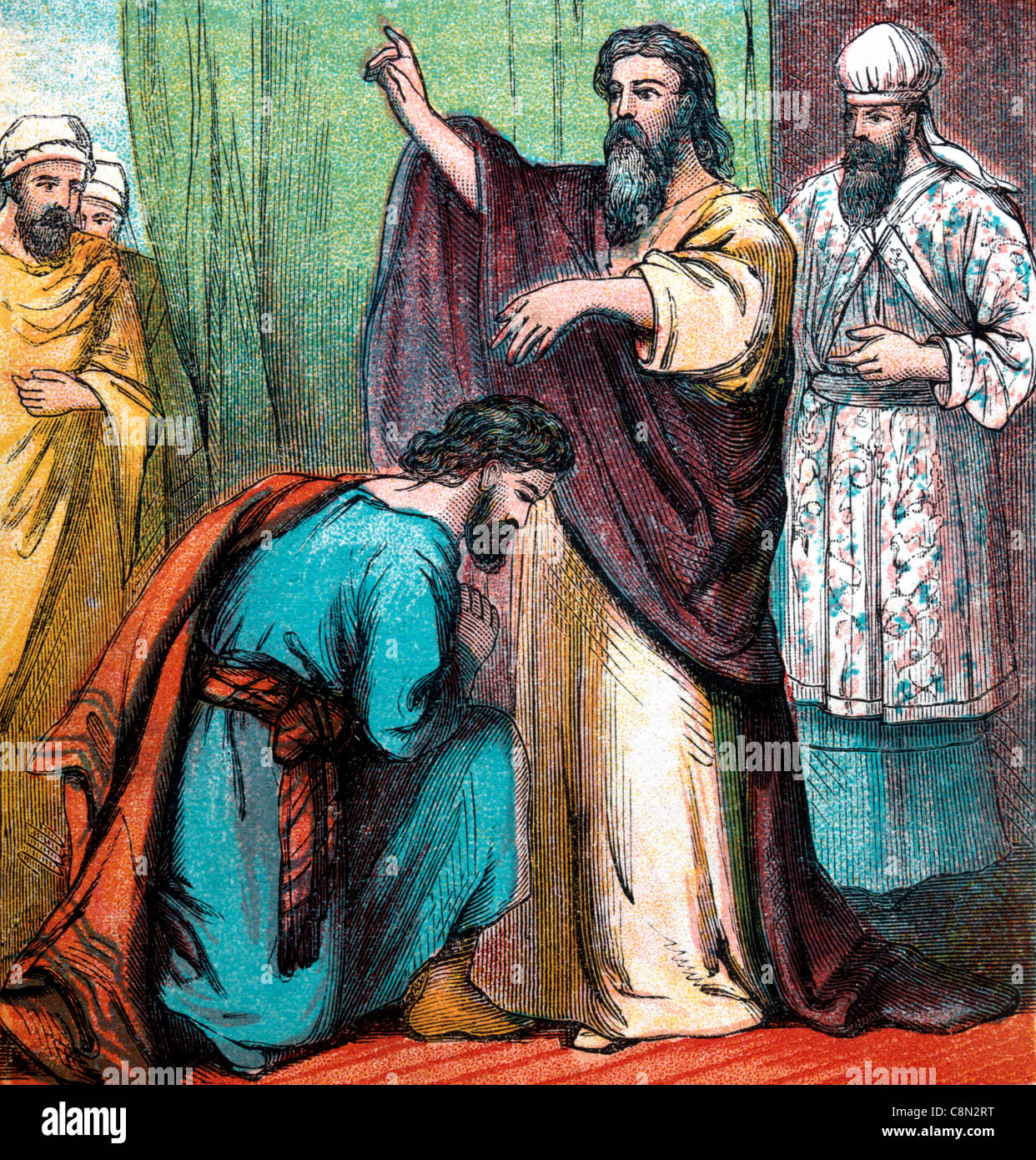 Bible Stories- Illustration Of Moses Appointing Joshua As His Successor Deut xxxi 7-21 Old Testament Stock Photo