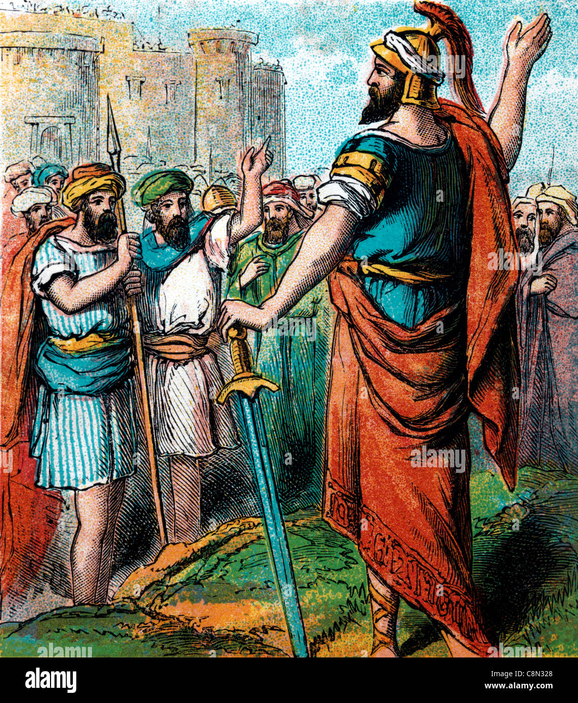 Bible Stories- Illustration Of Joshua Commanding The Officers Of The People Before They Passed Over Jordan River Joshua i Old Testament and Nevi'im Stock Photo