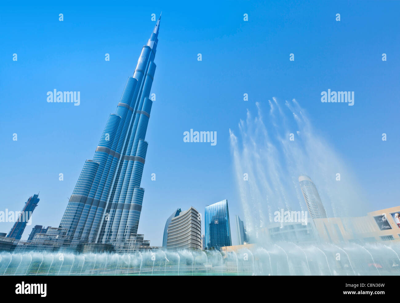 Burj Khalifa and Dubai Mall fountains, Dubai City, United Arab Emirates, UAE Stock Photo