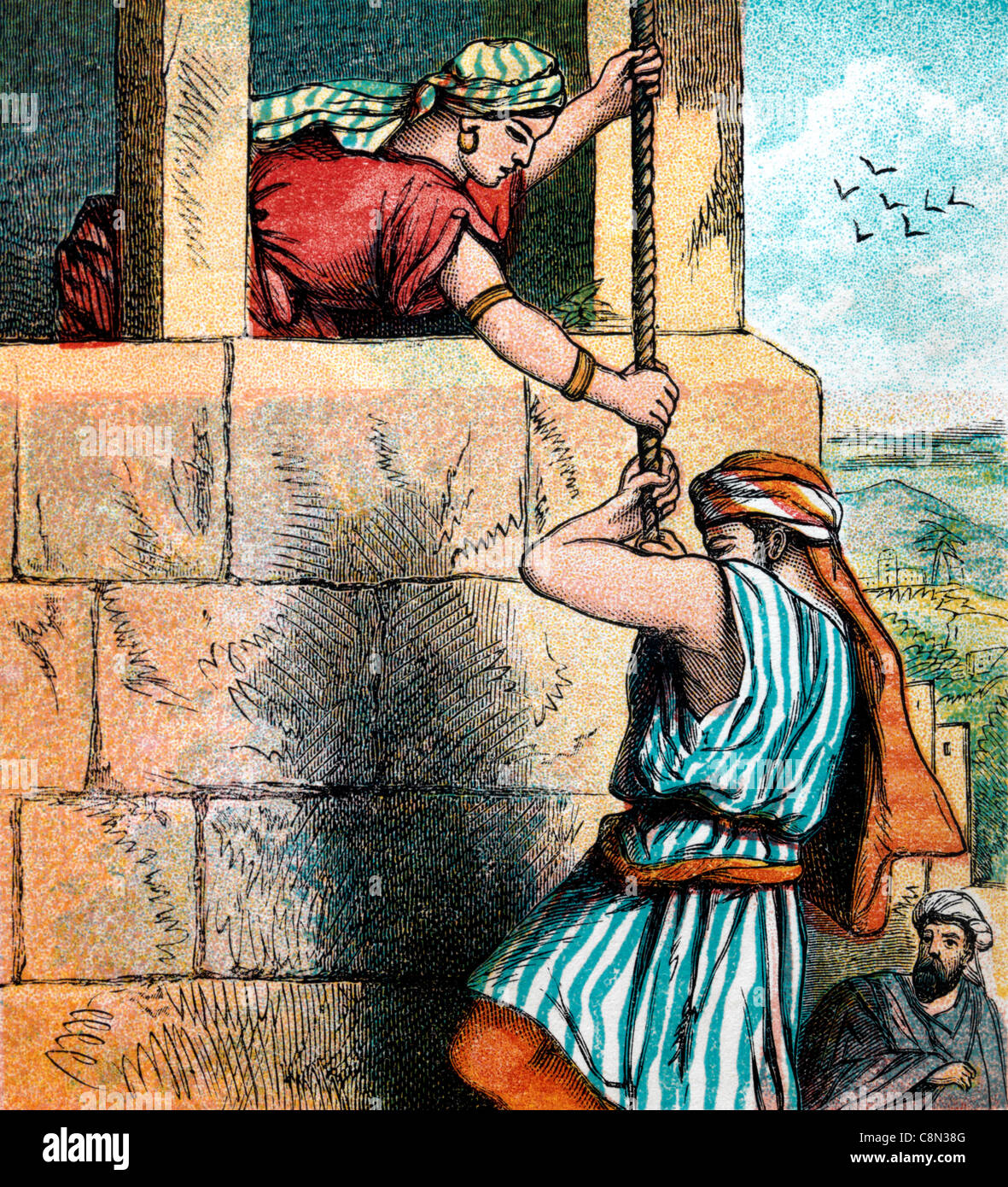 Bible Stories- Illustration Of Rahab Assisting The The Israelite Spies Who Were Sent By Joshua To Escape Joshua ii 15-24 Old Testament and Nevi'im Stock Photo