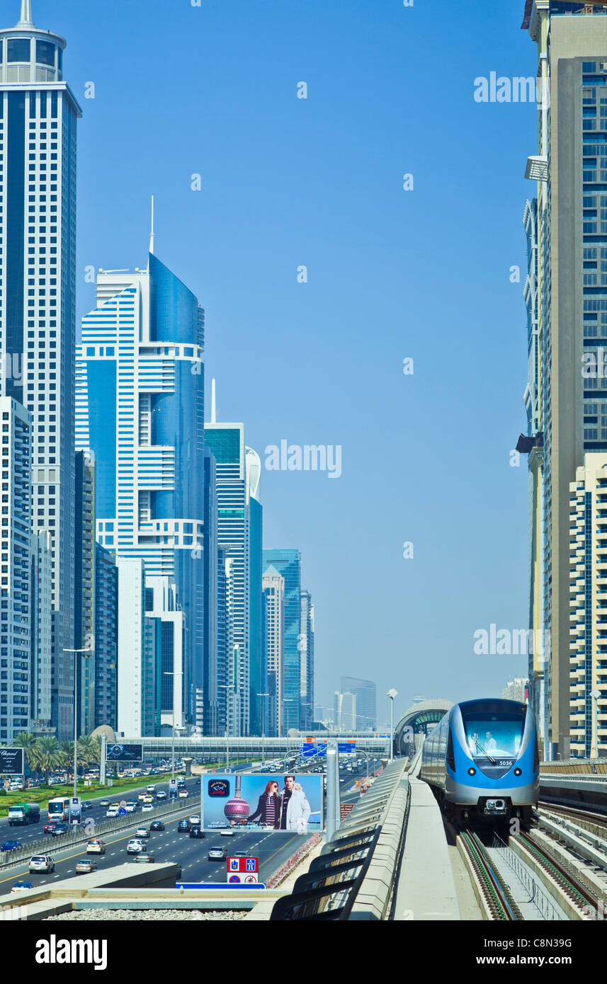 Sheikh Zayed Road skyline high rise skyscrapers, metro train, Dubai City, United Arab Emirates, UAE Stock Photo
