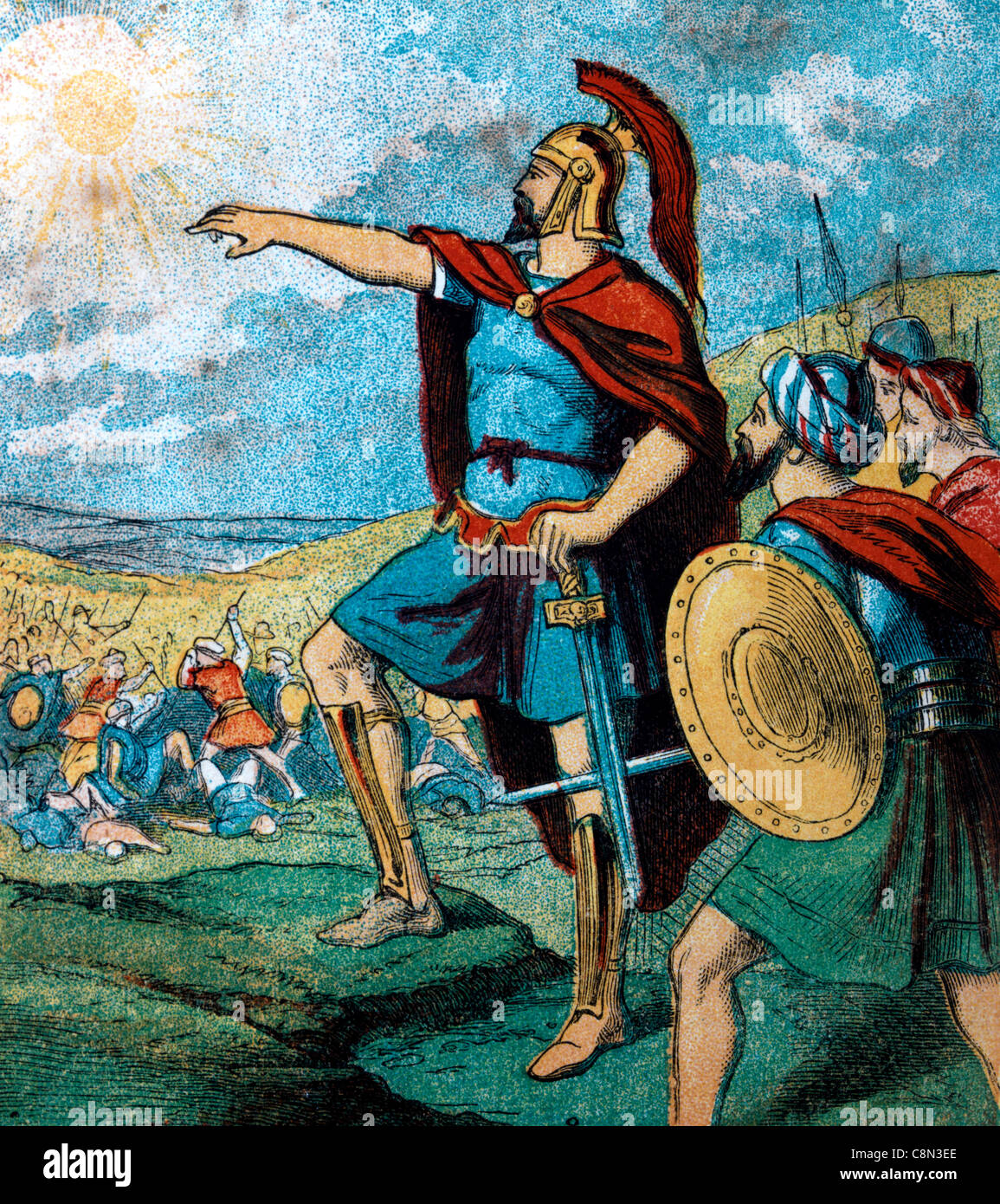 Bible Stories- Illustration Of Joshua Asking God To Make The Sun And The Moon Stand Still Stock Photo