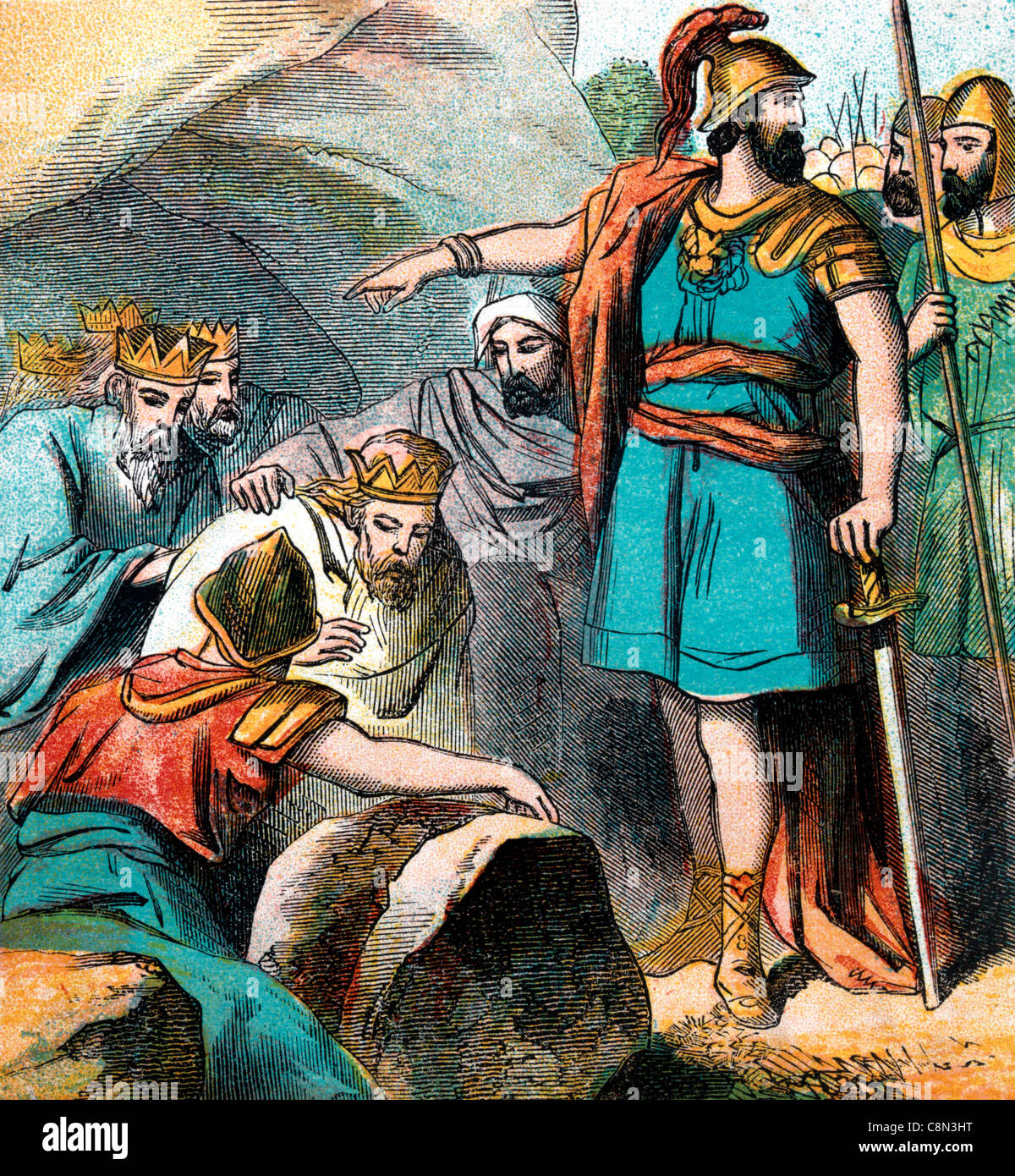 Bible Stories- Illustration Of Joshua Telling The Captains Of His Army To Come Near And Put Their Feet Upon The Necks Of These Kings Joshua x 16-25 Ol Stock Photo
