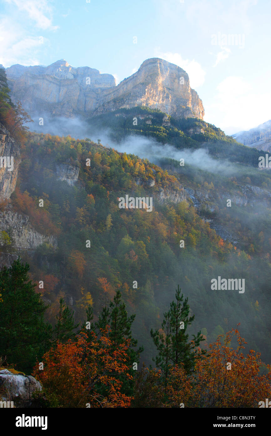 Morning light with Clouds. Ordesa National Park in Autumn. Huesca Province. Aragón. Pyrenees. Spain Stock Photo
