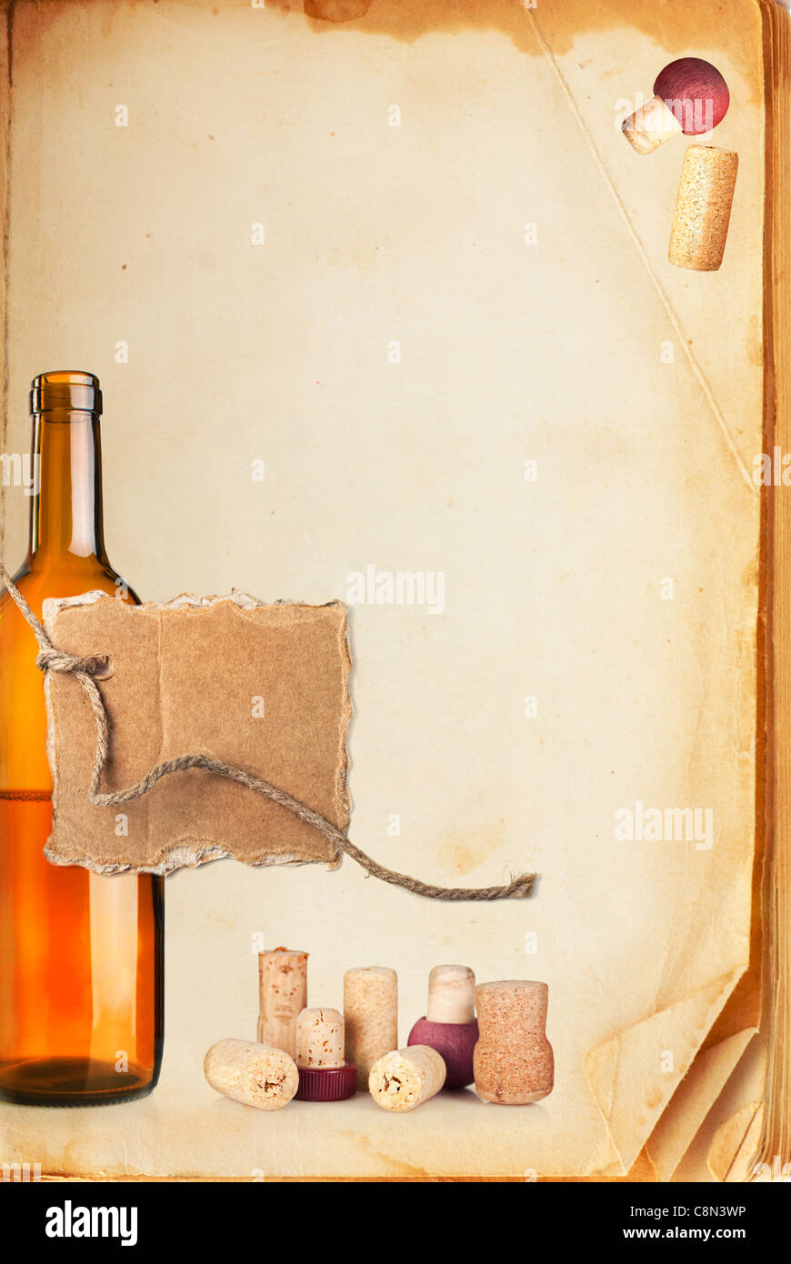 Wine bar list menu. Old book page, bottle of wine, cork and cardboard