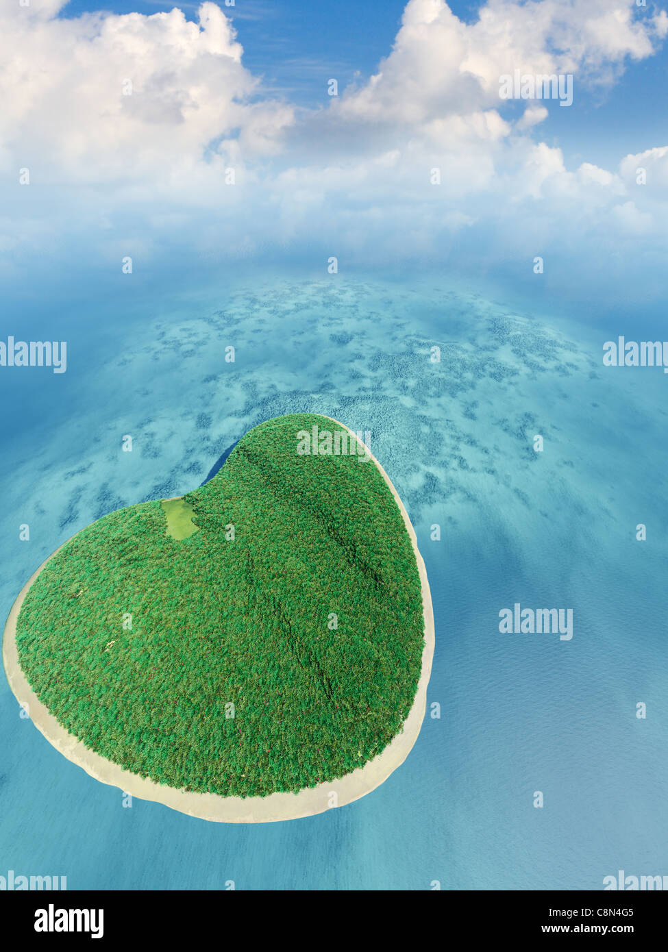 Island in the form of heart. 3D rendering Stock Photo