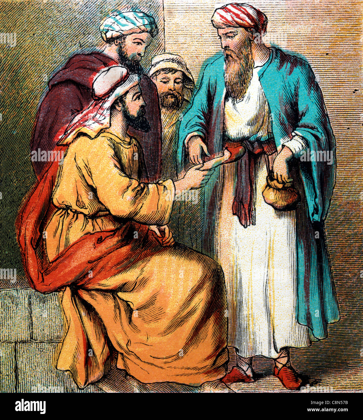 Bible Stories- Illustration Of Boaz Asking His Kinsmen Who Had First Rights To Marry Ruth Stock Photo