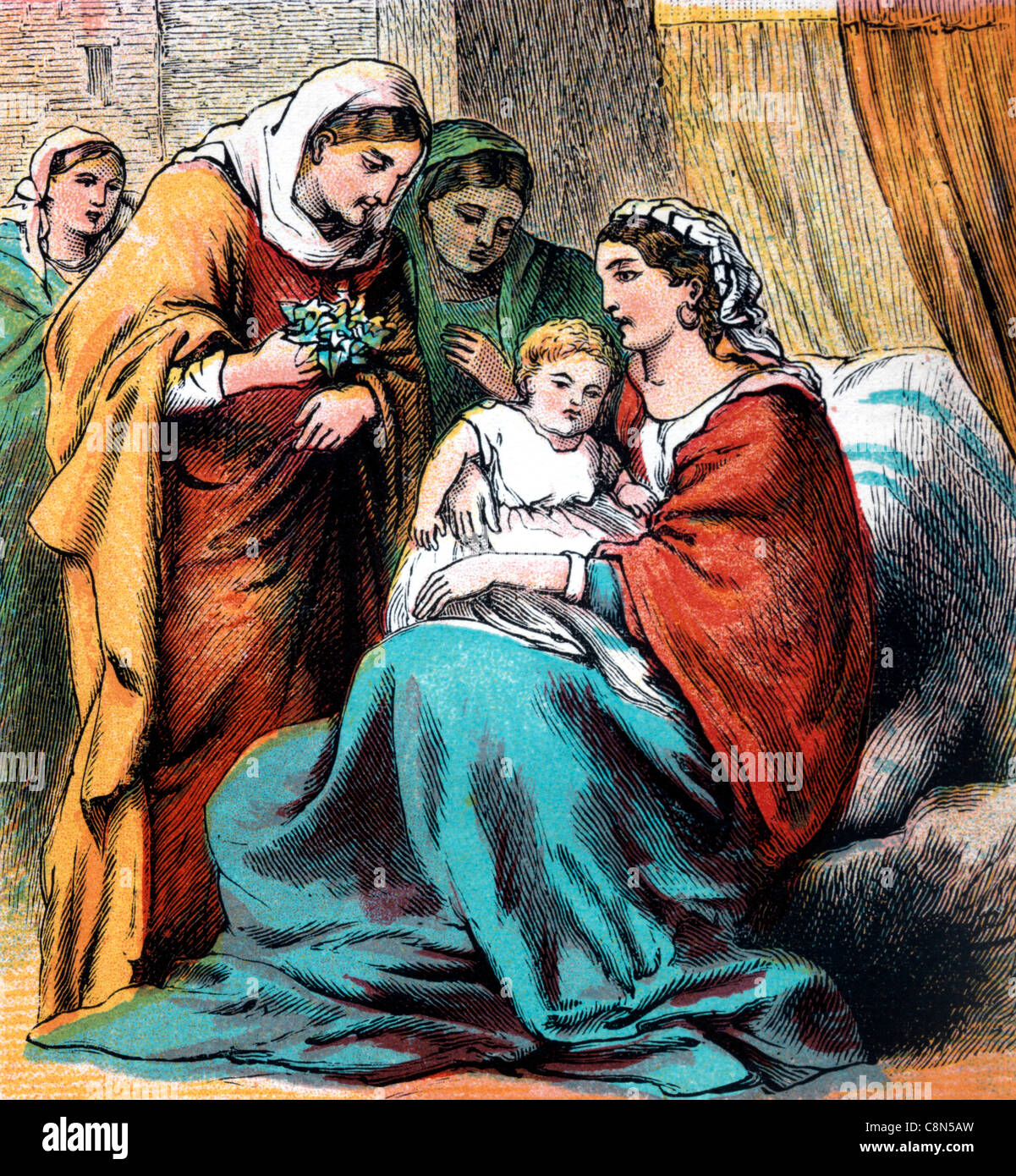 Bible Stories- Illustration Of Ruth Handing Her Son Obed Over To Naomi Stock Photo