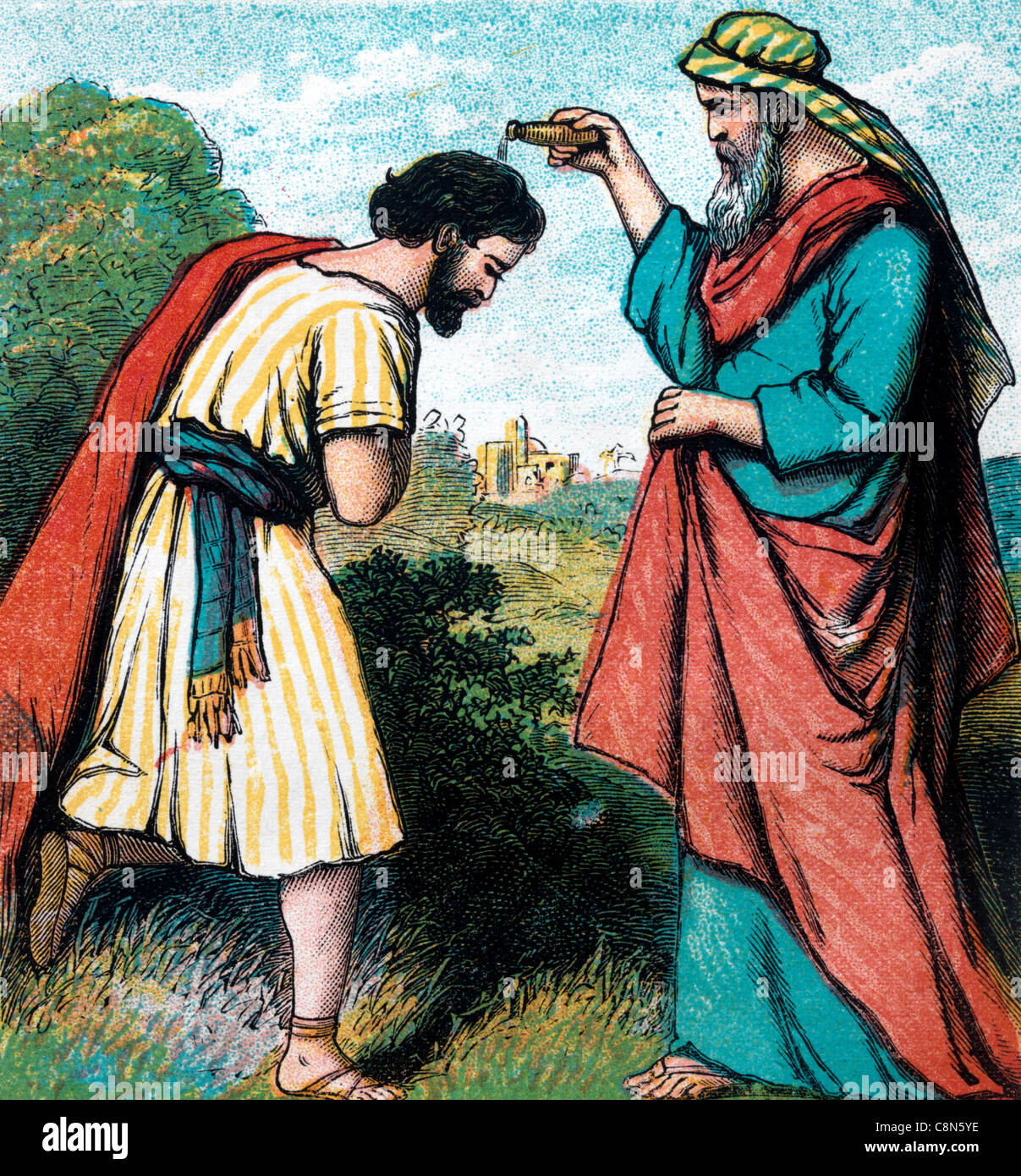 Bible Stories- Illustration Of Samuel Pouring Oil Onto Saul's Head And Then  Kissed Him Annointing Him King 1 Samuel x Old Testament and Nevi'im Stock  Photo - Alamy