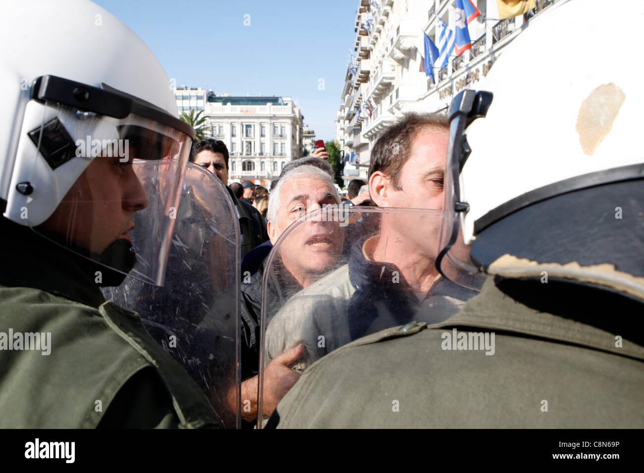 28 October 2011 Athens Greece. Protest during student parade for the 71st anniversary of Greece's entry into World War II in front of Education Minister Anna Diamantopoulou outside  the Greek Parliament. Stock Photo