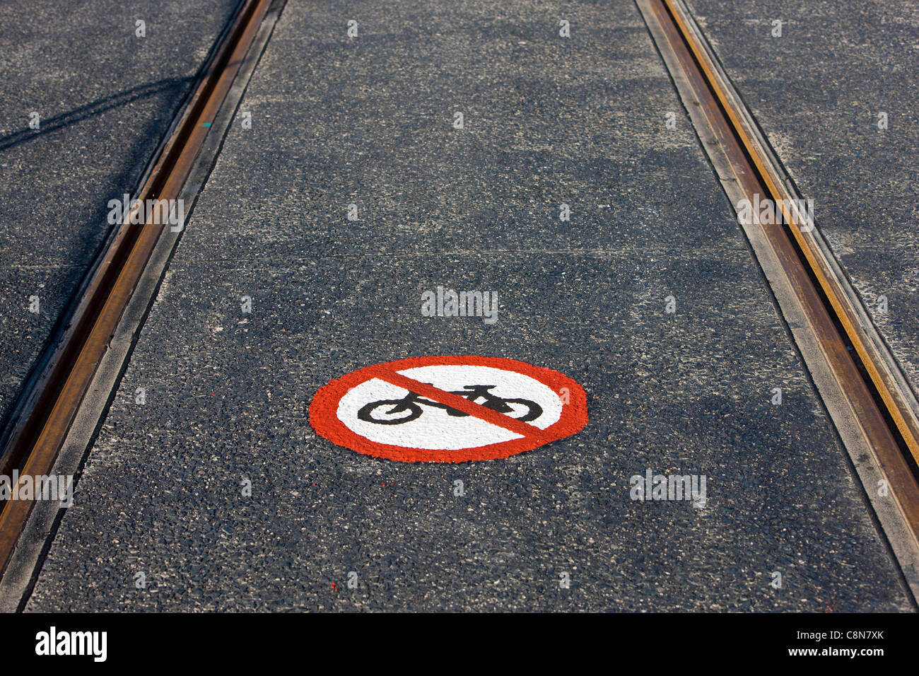 No cycling sign on the tram tracks in Blackpool, UK Stock Photo