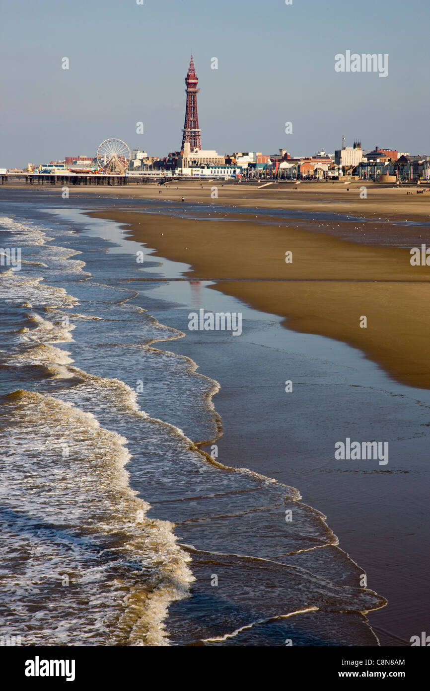 Blackpool tower and beach on a windy day with rough seas, Blackpool, UK Stock Photo