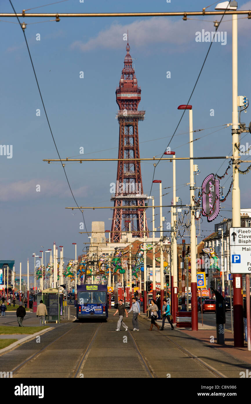 Blackpool tower, illuminations and sea front in Blackpool, UK Stock Photo