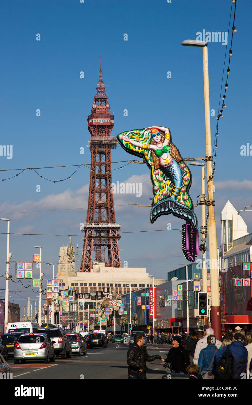 Blackpool tower, illuminations and sea front in Blackpool, UK Stock Photo