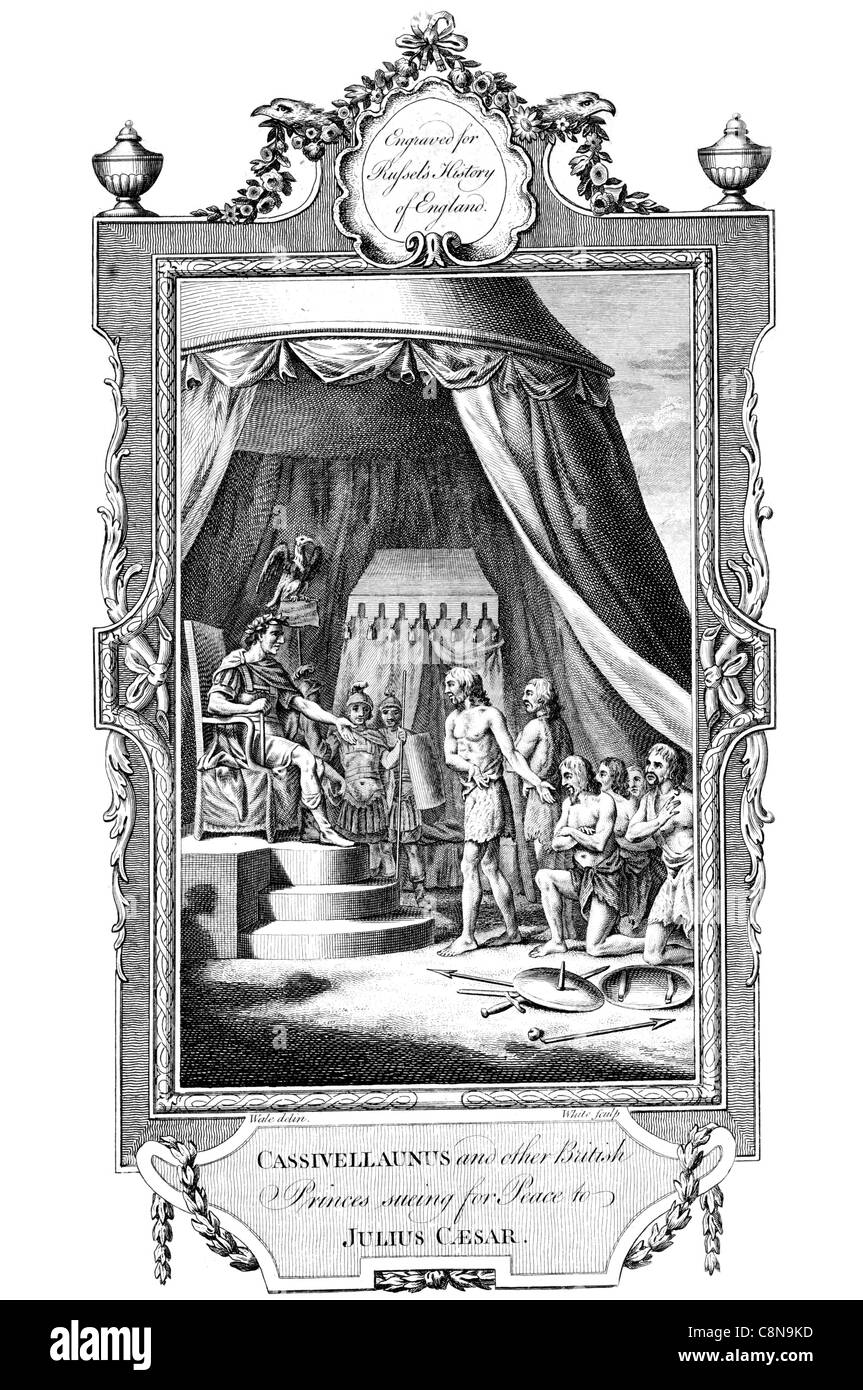 Cassivellaunus and other British princes suing for peace to Julius Caesar throne royal court tent marquis Stock Photo