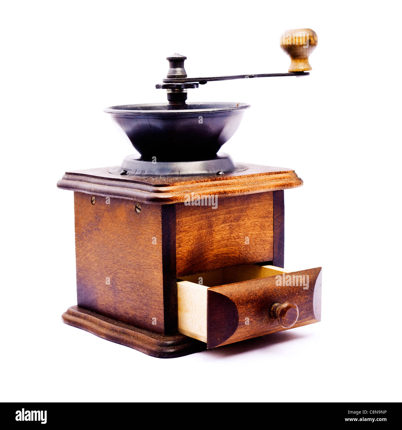 wooden coffee grinder with open drawer made in studio isolated on