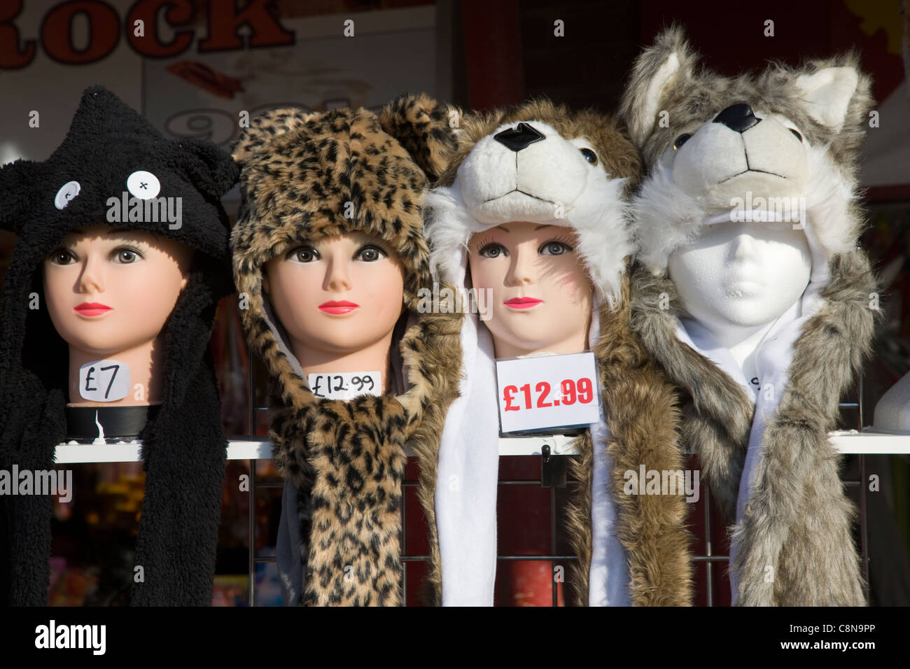 Dummy heads modelling warm fur hats hanging on a market stall, Blackpool, UK Stock Photo