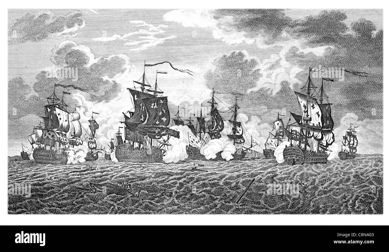 1757 21at Oct Action bear Cape Francois Augusta Dreadnought & Edinbugh under the command Capt Forrest 7 French Mon O war Ships Stock Photo