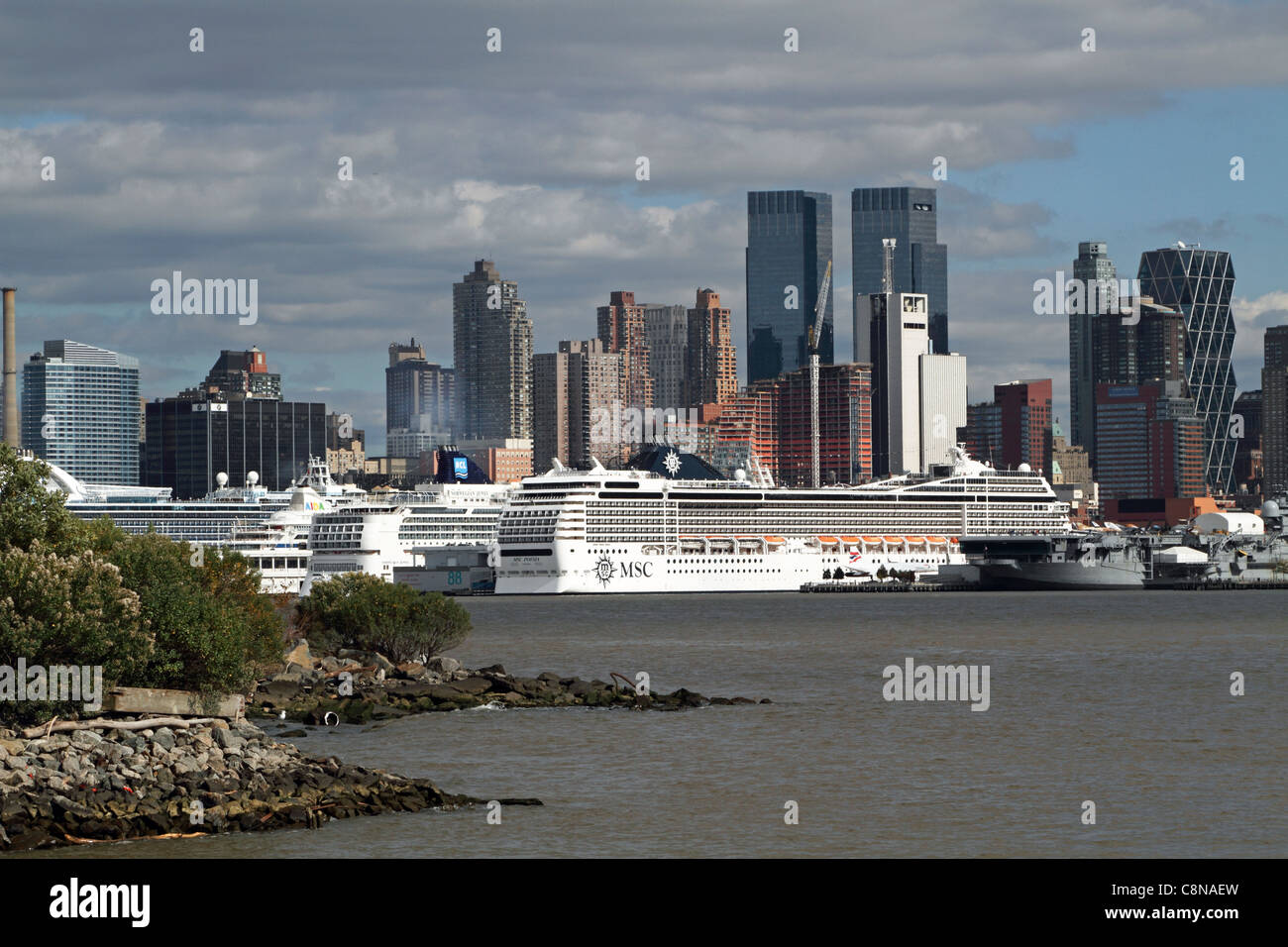 Cruise ships docked on the Hudson River at Midtown Manhattan, New York
