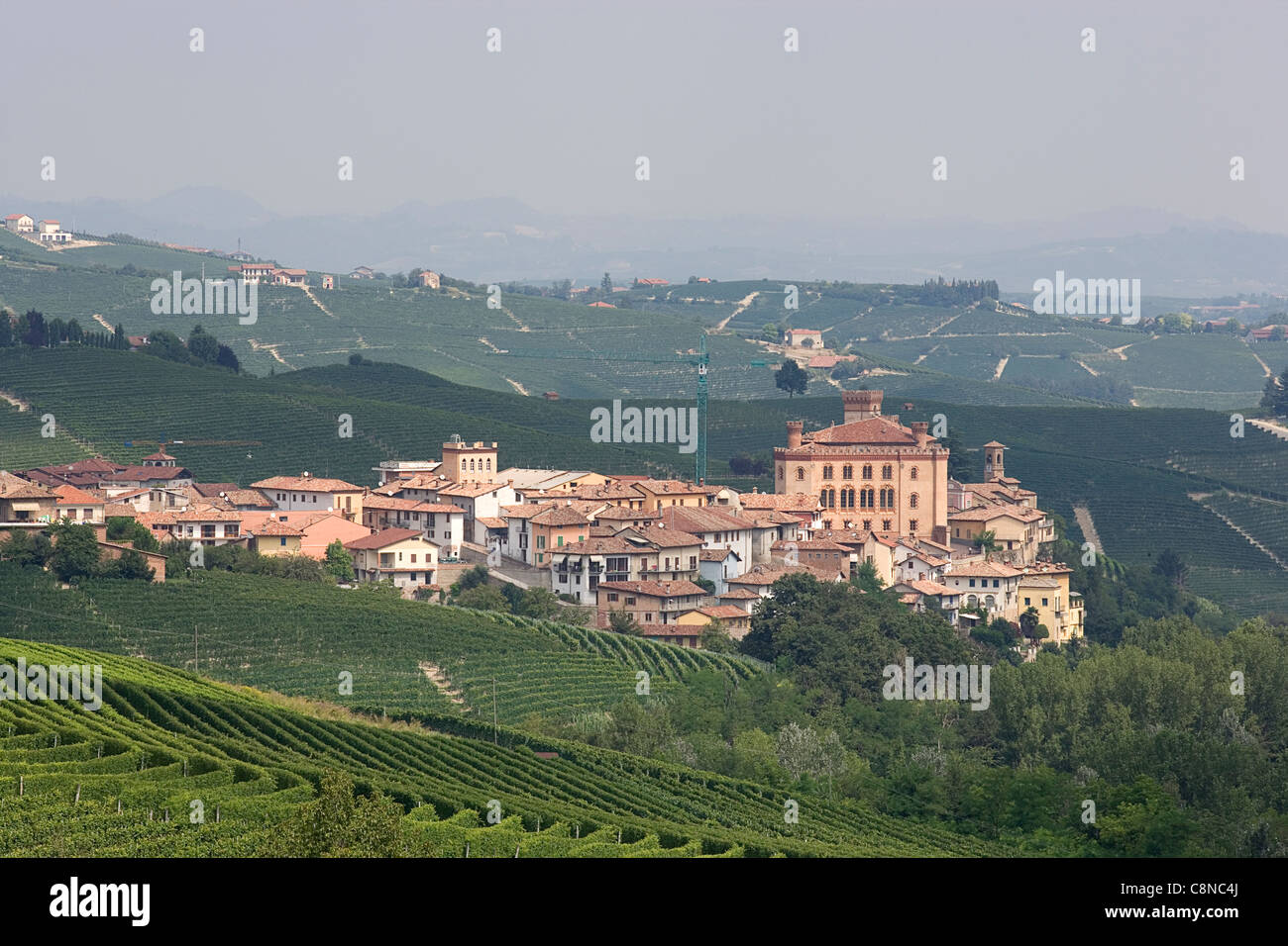 Italy, Piemonte, Barolo, View from vineyard over town and hills Stock