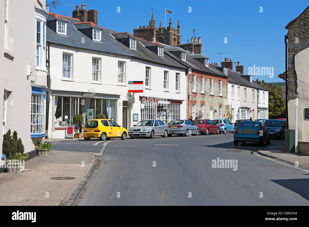 Great Britain, England, Dorset, Cerne Abbas, Cars parked near village centre Stock Photo