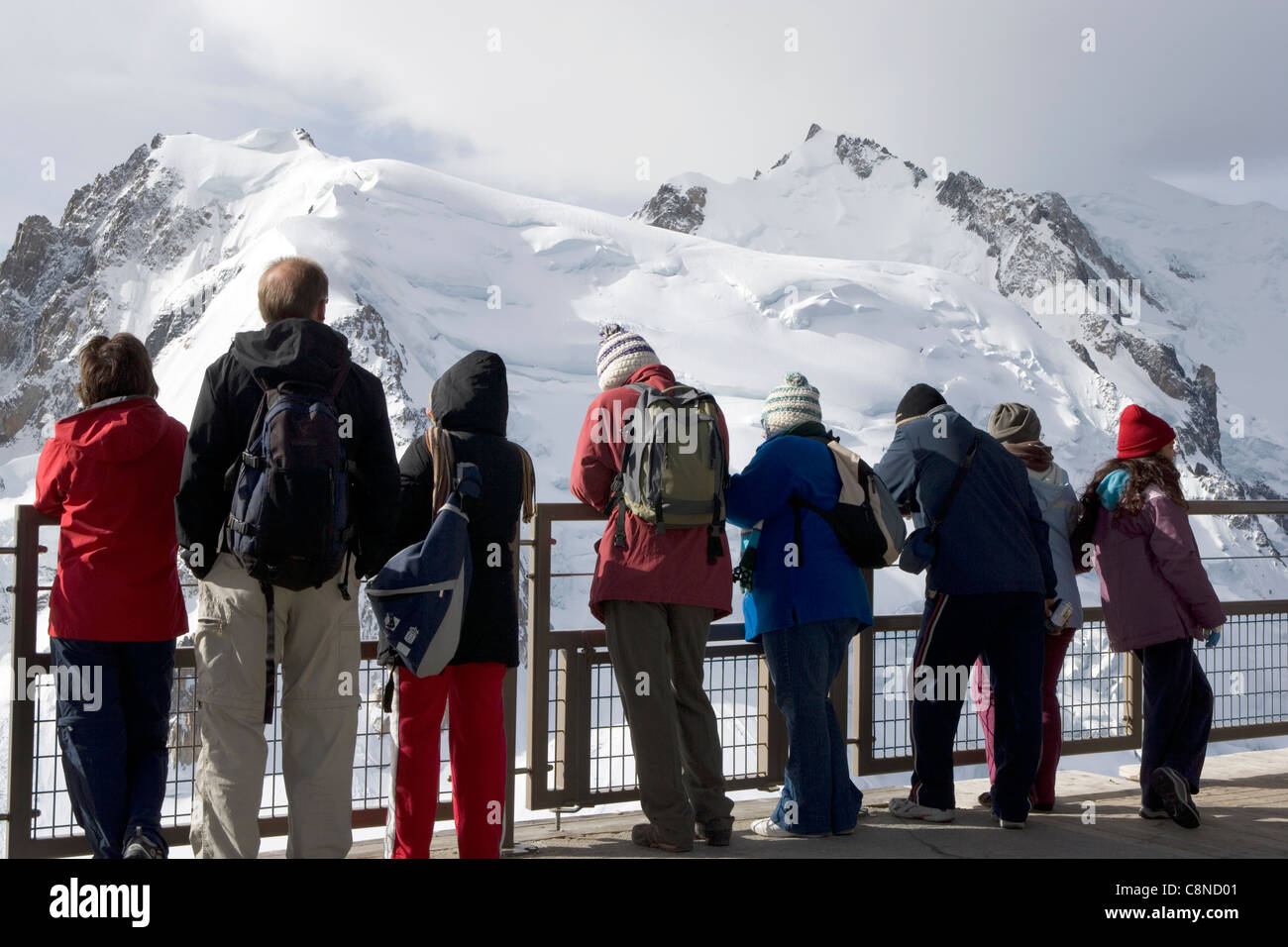 Italy - France, Mont Blanc, Aiguille du Midi, sightseers on the Summit Terrace Stock Photo