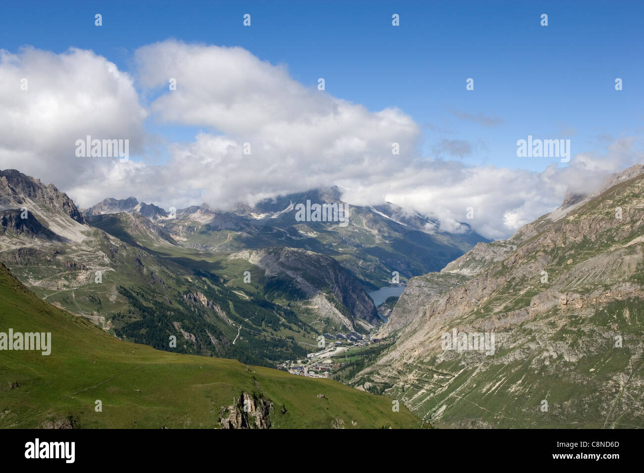 France, Savoie, view of Val d'Isere and Lac du Chevril from the Col de l'Iseran Stock Photo
