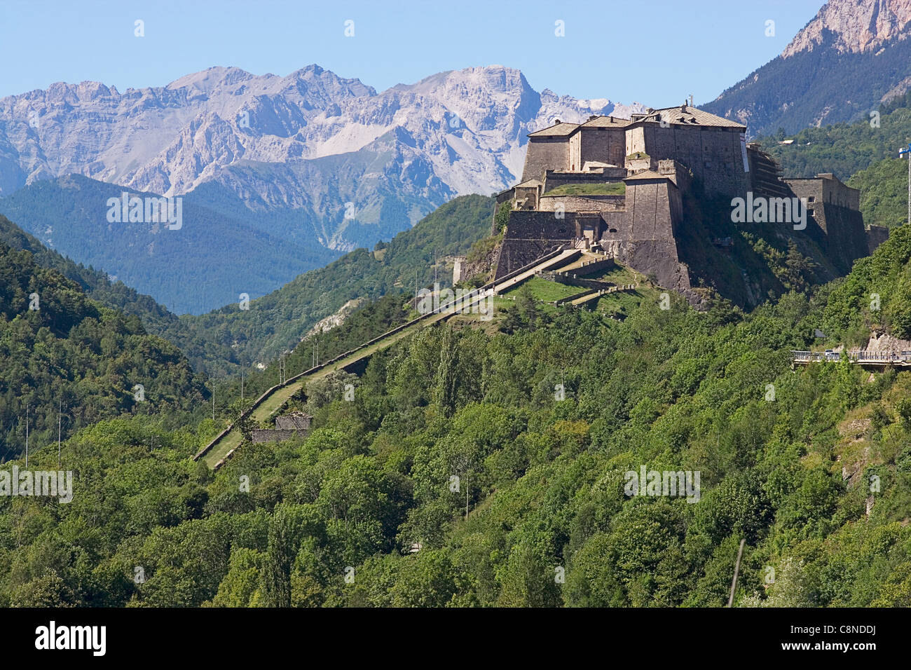 Italy, Piemonte, Exilles, Fort of Exilles set in the mountains Stock Photo